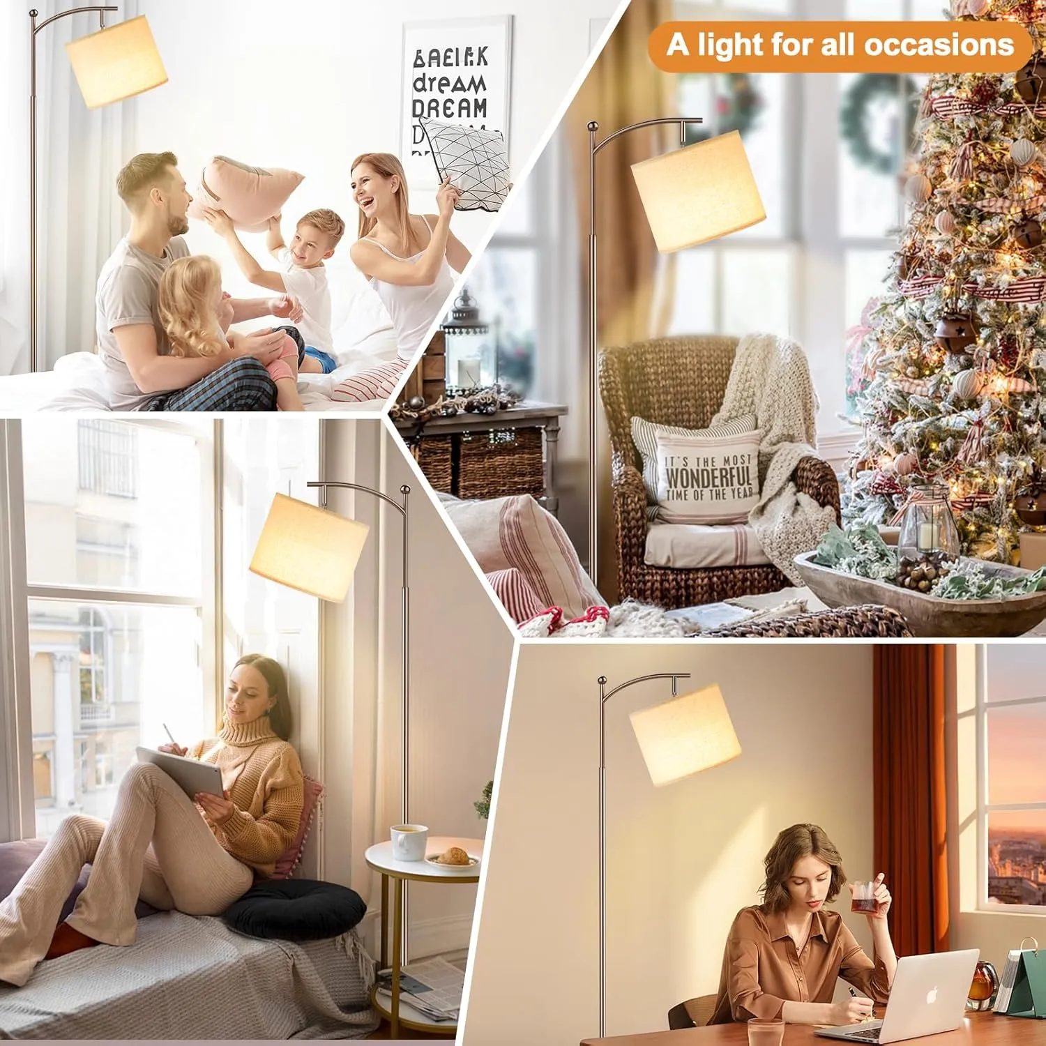 60" Floor Lamps with Remote Control & Bulb, Colors Temperature & Brightness Adjustable, Deep Beige Shade & Brown Pole
