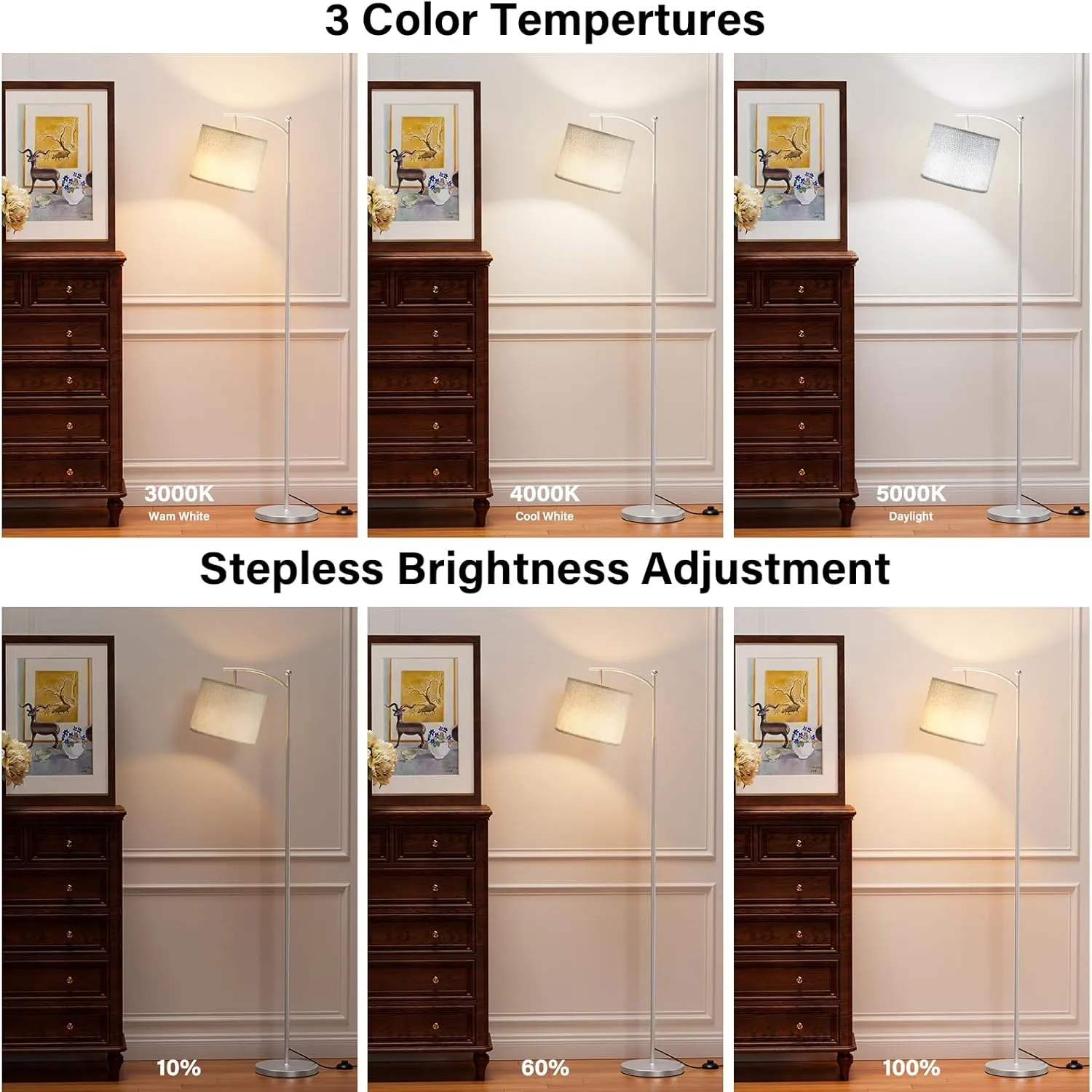 60" Floor Lamps with Remote Control & Bulb, Colors Temperature & Brightness Adjustable, Gray Shade & Silver Pole