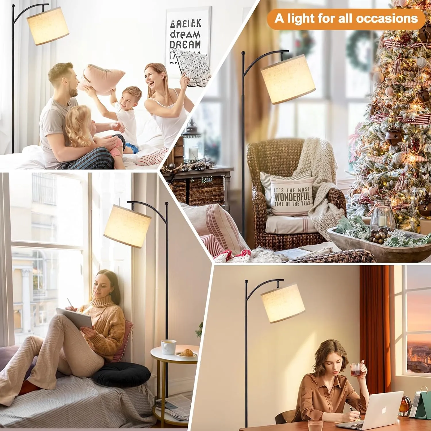 60" Floor Lamps with Remote Control & Bulb, Colors Temperature & Brightness Adjustable, White Shade & Black Pole