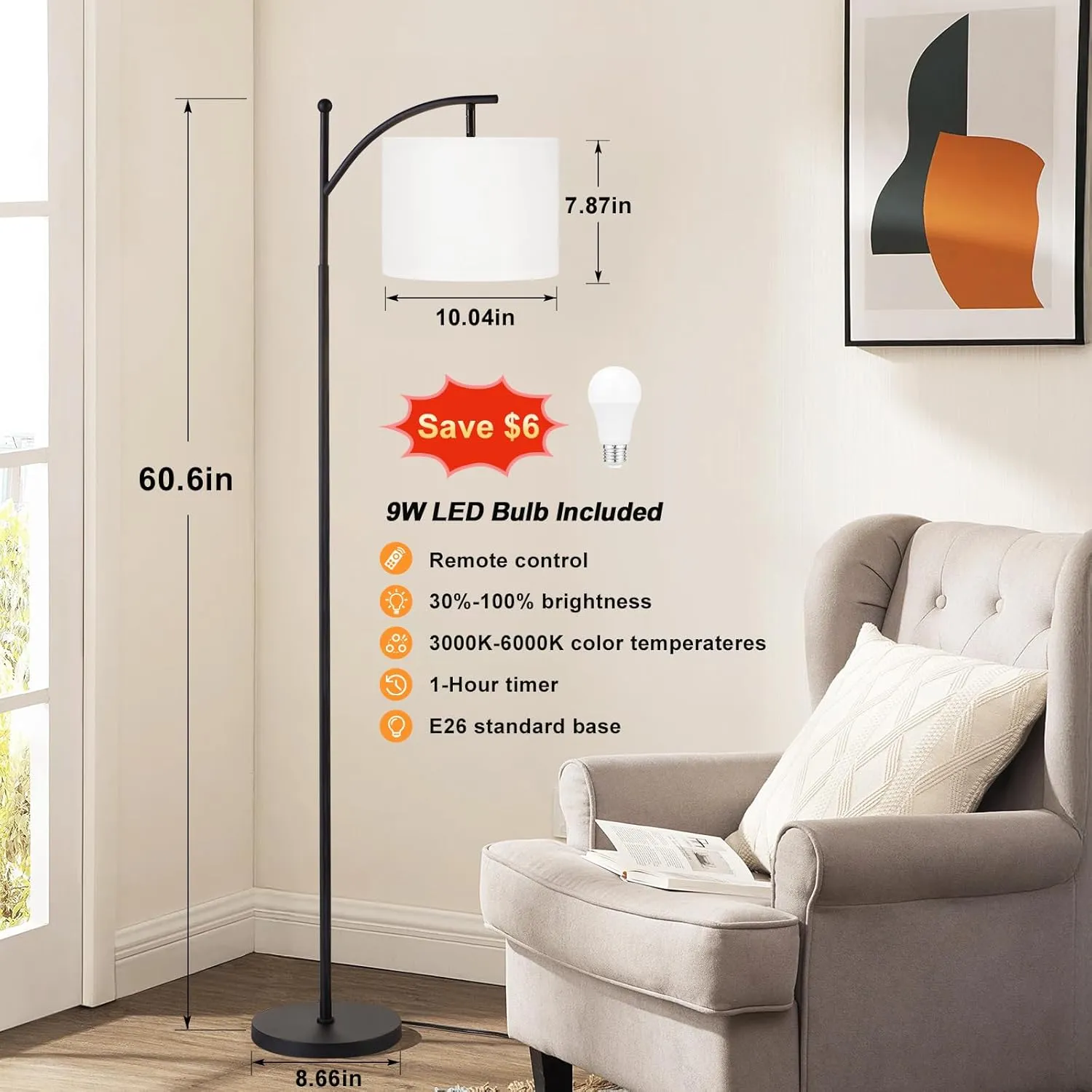 60" Floor Lamps with Remote Control & Bulb, Colors Temperature & Brightness Adjustable, White Shade & Black Pole