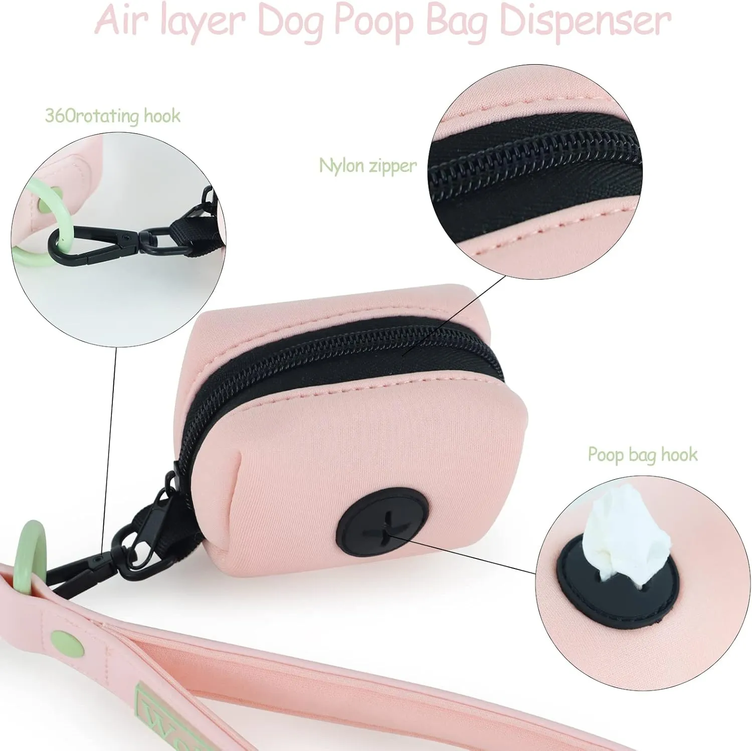 6ft Gossamer Pink Waterproof Dog Leash with Dog Poop Bag Dispenser Safety Auto-Lock Carabiner Leash for Dogs Soft Handle Easy Care