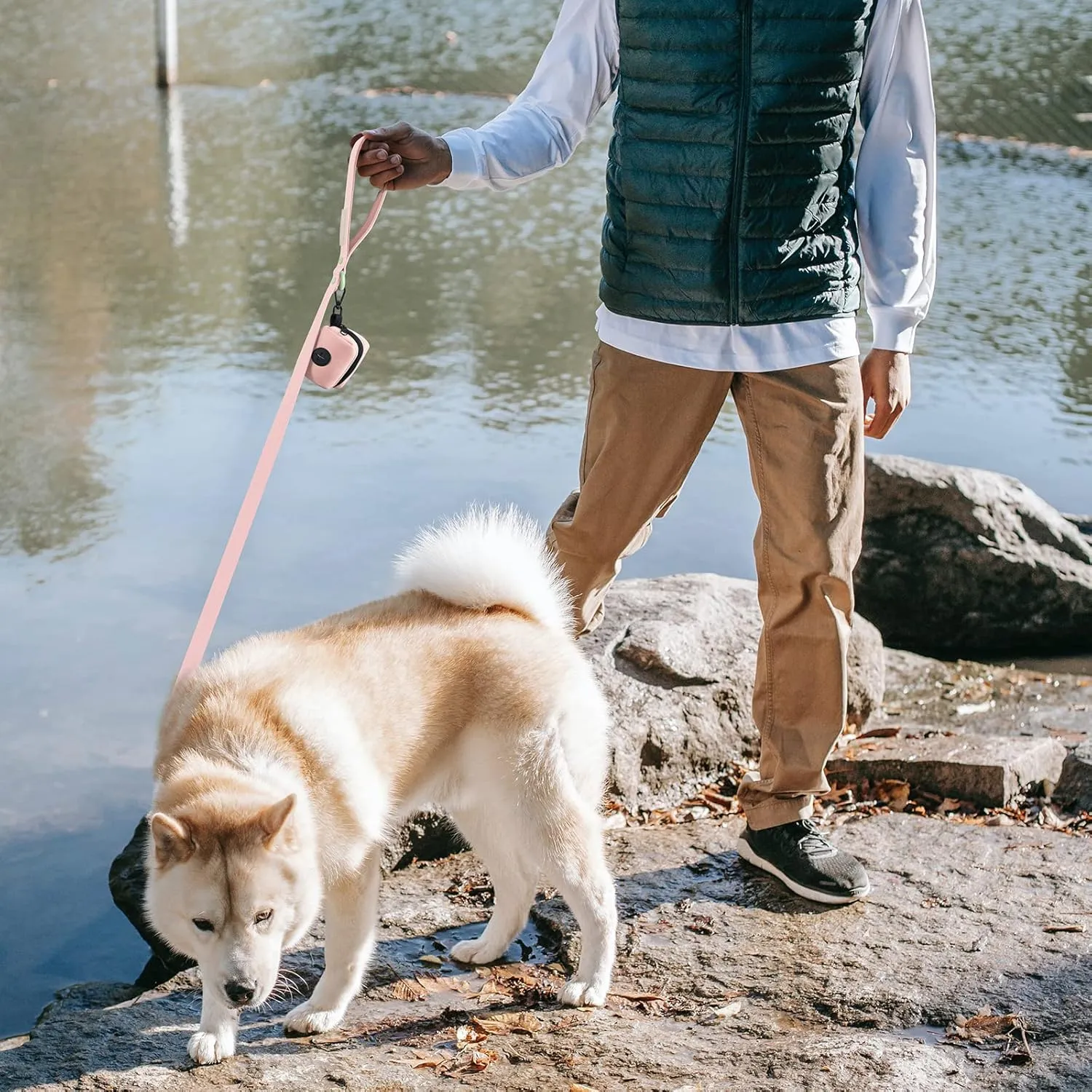 6ft Gossamer Pink Waterproof Dog Leash with Dog Poop Bag Dispenser Safety Auto-Lock Carabiner Leash for Dogs Soft Handle Easy Care