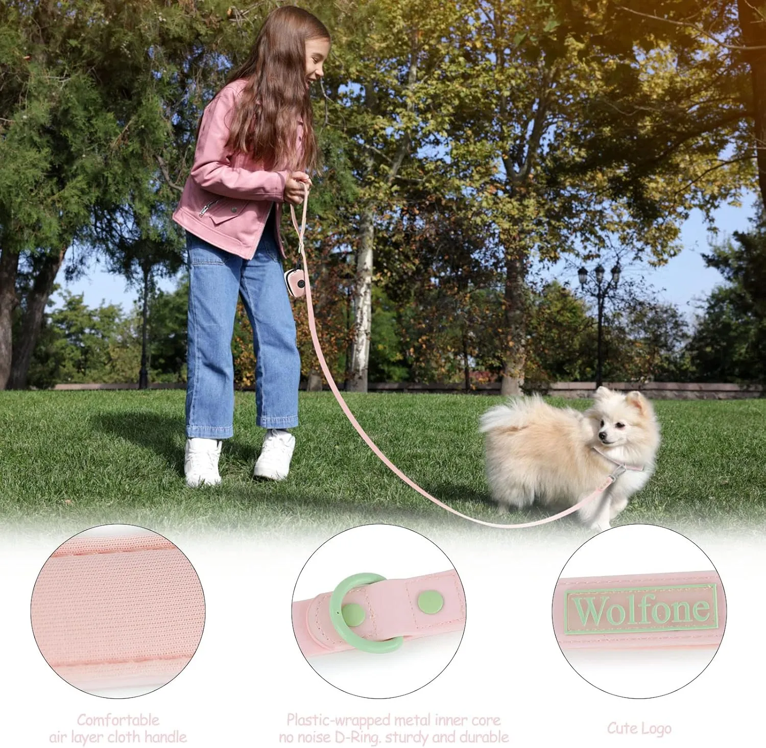 6ft Gossamer Pink Waterproof Dog Leash with Dog Poop Bag Dispenser Safety Auto-Lock Carabiner Leash for Dogs Soft Handle Easy Care