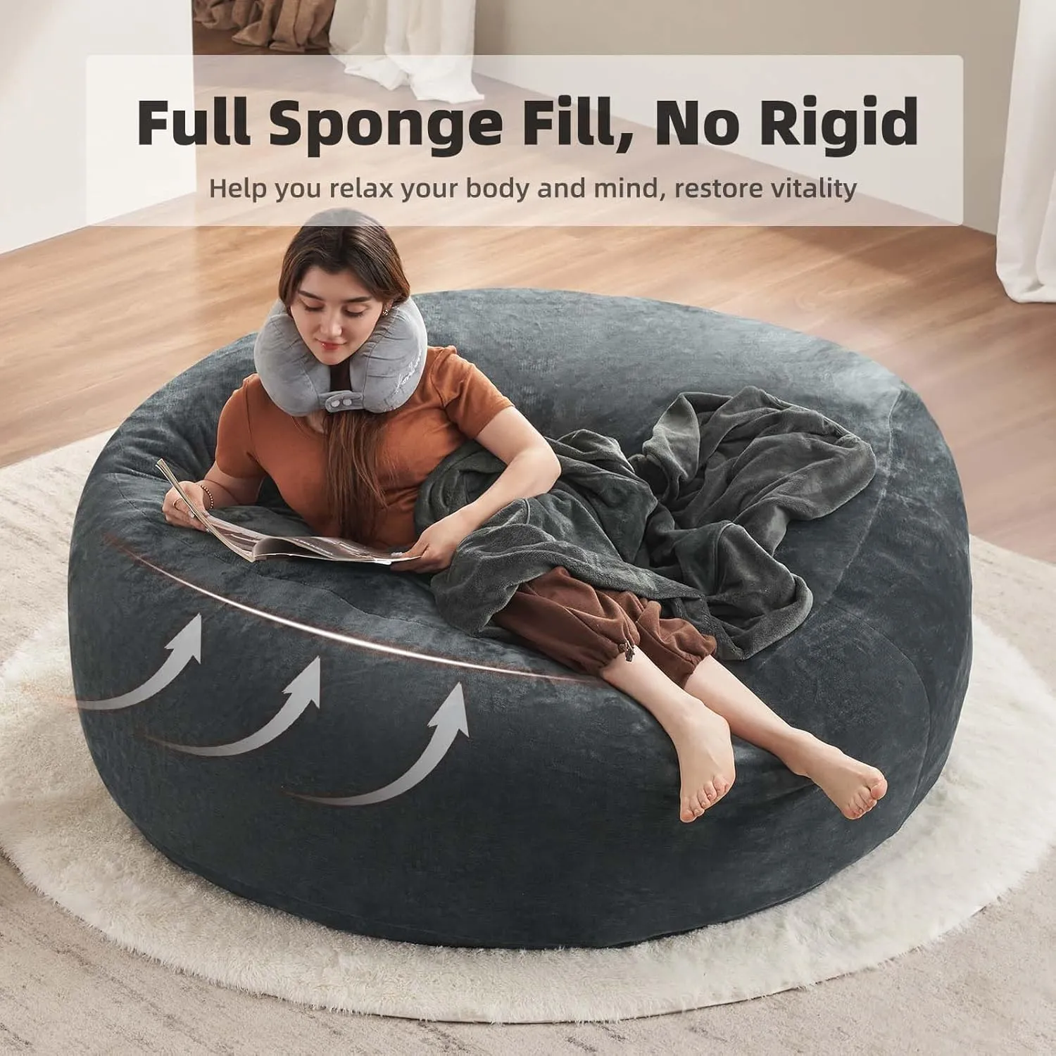 6FT,Oversized Bean Bag Chairs for Adults，Bean Bag Chair with Filler Included，Giant Bean Bag Chair Covered with Flannel Cover, Living Room Furniture, Suitable for Bedroom and Dormitory.(Dark Gray)