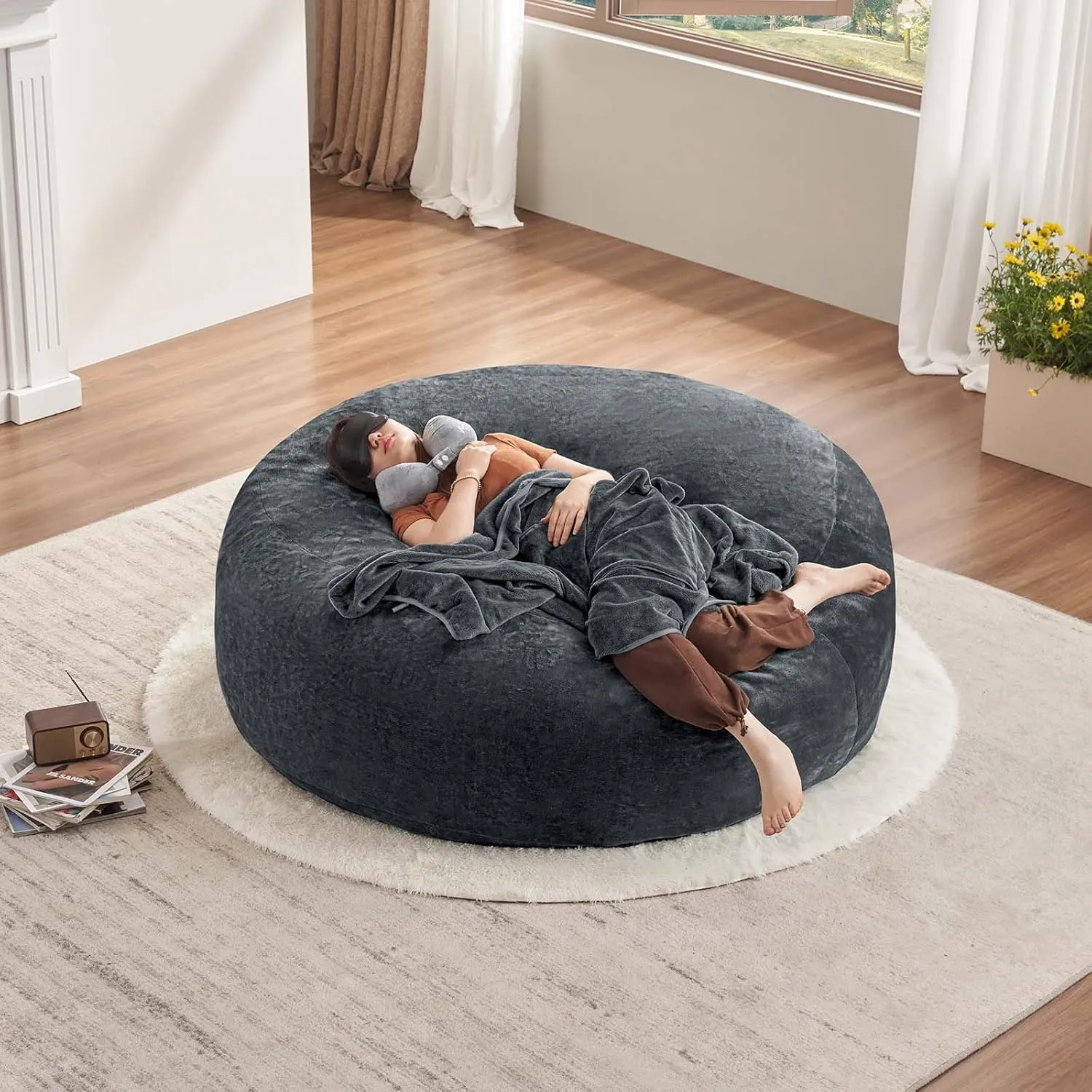 6FT,Oversized Bean Bag Chairs for Adults，Bean Bag Chair with Filler Included，Giant Bean Bag Chair Covered with Flannel Cover, Living Room Furniture, Suitable for Bedroom and Dormitory.(Dark Gray)