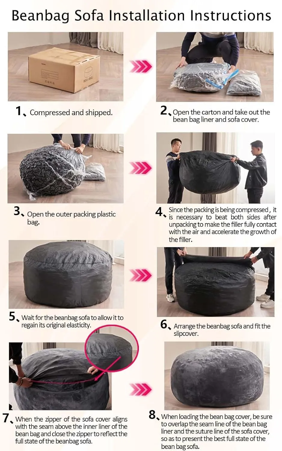 6FT,Oversized Bean Bag Chairs for Adults，Bean Bag Chair with Filler Included，Giant Bean Bag Chair Covered with Flannel Cover, Living Room Furniture, Suitable for Bedroom and Dormitory.(Dark Gray)