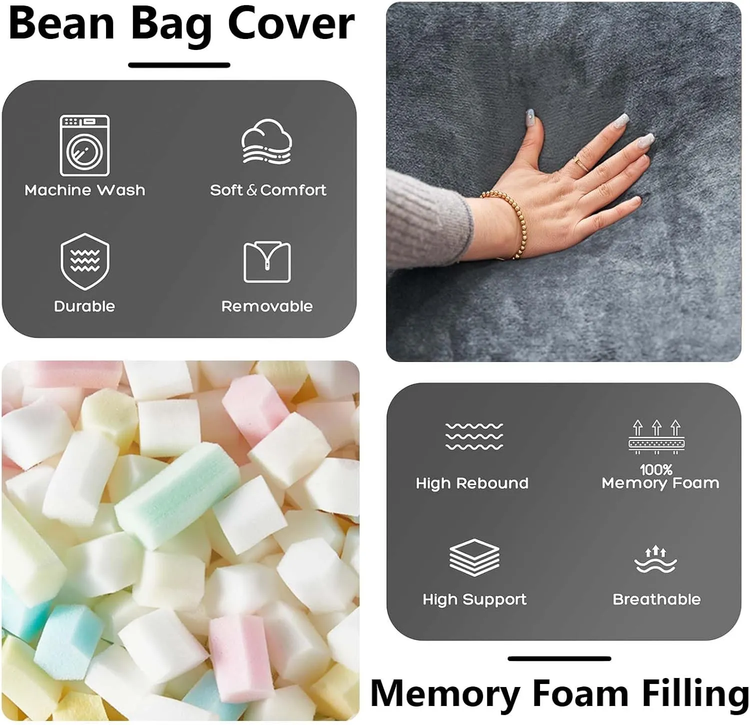 6FT,Oversized Bean Bag Chairs for Adults，Bean Bag Chair with Filler Included，Giant Bean Bag Chair Covered with Flannel Cover, Living Room Furniture, Suitable for Bedroom and Dormitory.(Dark Gray)