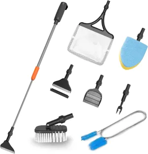 7-in-1 Aquarium Cleaning Tool, Fish Tank Cleaner with Telescopic Handle,Aquariums Scraper,Adjustable Angle Brush,Gravel Rake,Plant Fork, Flat Sponge,Large Fishes Net,Hose Brushes