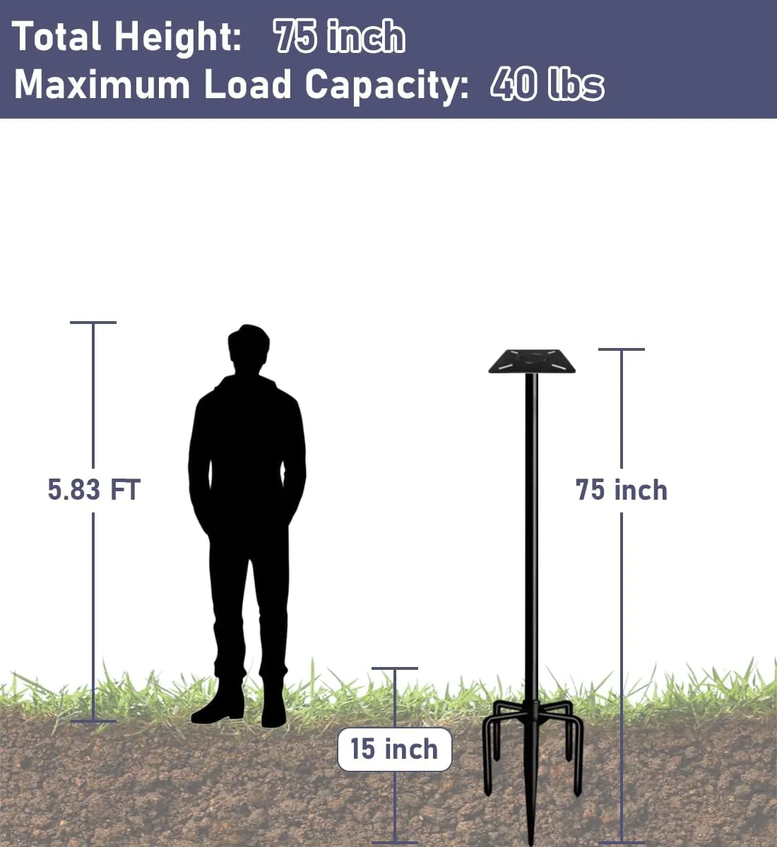 75 Inch Smart Bird Feeder Pole with 5-Prong Base, Adjustable Bird House Pole Mount Kit for Outdoors, Heavy Duty Feeder Stand for Wild Birds Watching, Black