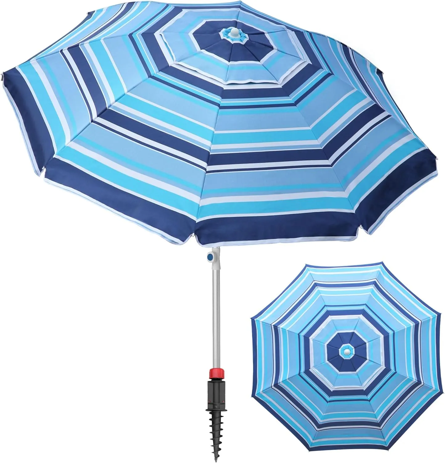 7ft Heavy Duty High Wind Beach Umbrella Parasols with sand anchor & Tilt Sun Shelter, UV 50  Protection Outdoor Sunshade Umbrellas Carry Bag for Patio Garden Pool Backyard Stripe Blue