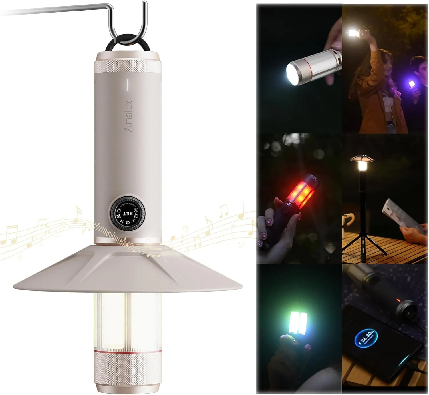 8 in 1 Camping Hiking Essentials, 8 Modes Can be Switched at Will, Including:Electric Camping Lantern,Flashlight, Mood Light, Speaker, Emergency, Power Bank,Ambient Light,Music Light