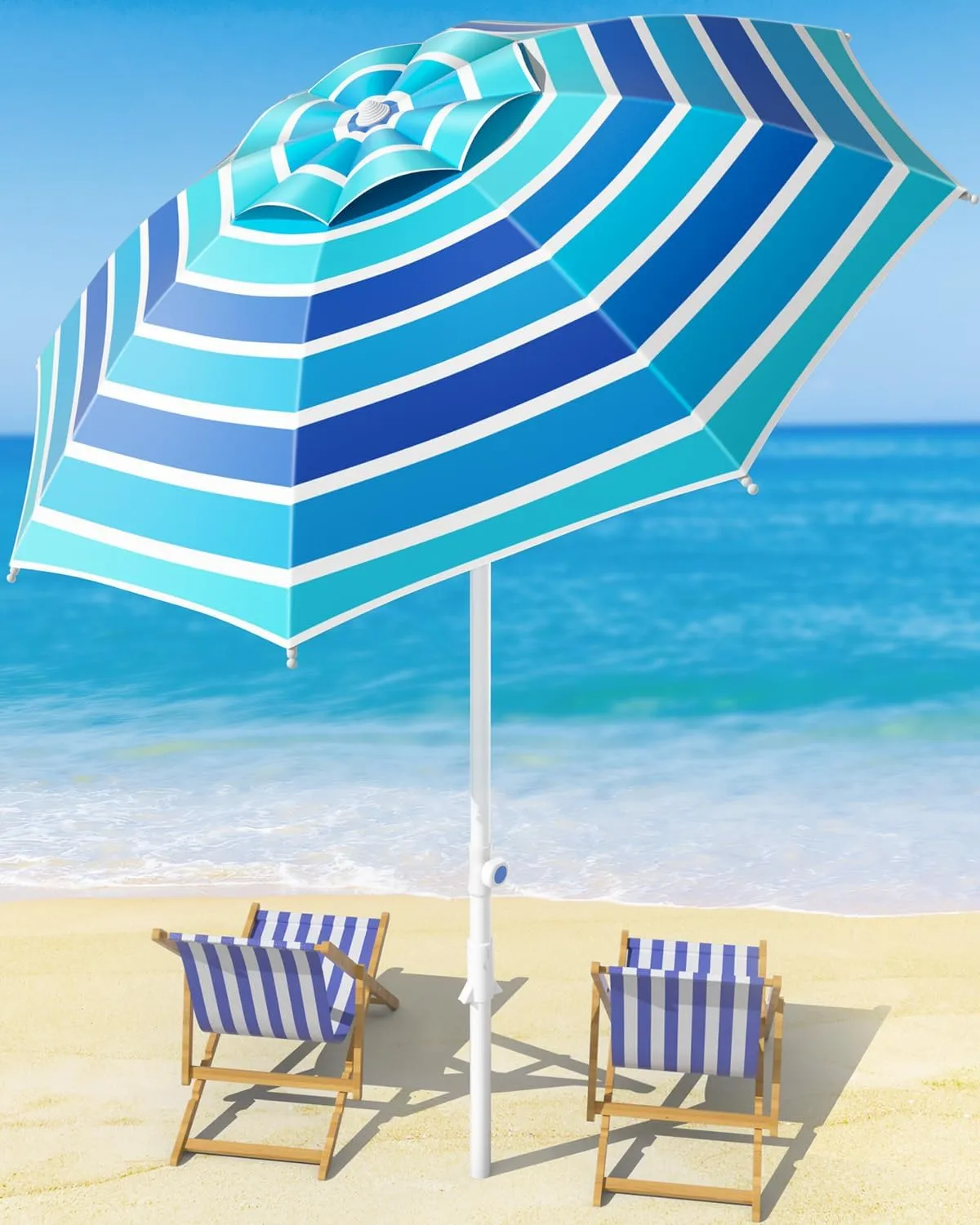 8FT Large Beach Umbrella with Heavy Duty Sand Anchor & Tilt Sun Shelter, Wind Resistance, UPF50  UV Protection, Waterproof Canopy, Portable for Beach Outdoor Patio Yard Garden Pool