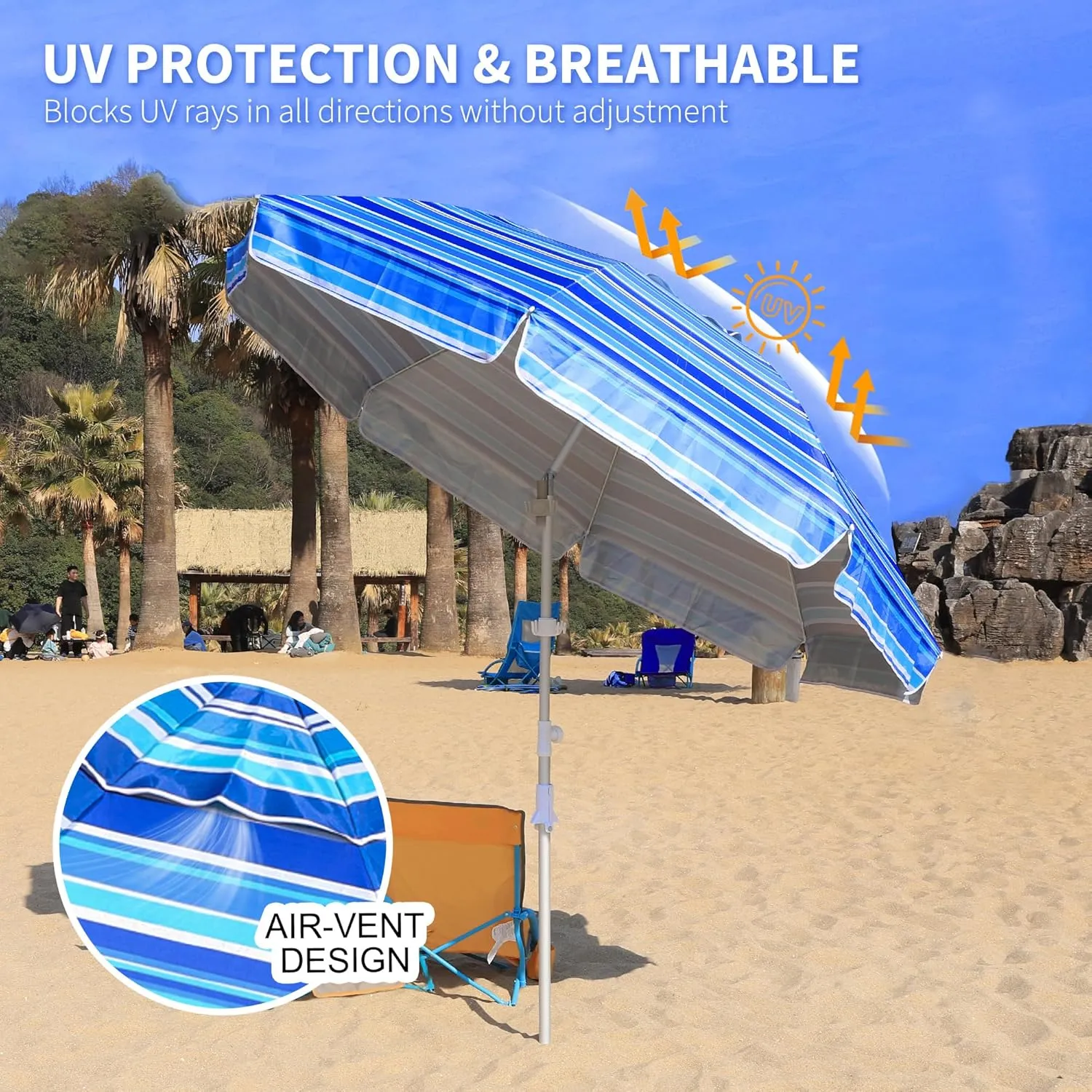 8ft Large Beach Umbrella,Heavy Duty Wind Resistant Portable Sun Shade w/Tilt Pole&Sand Anchor,Shoulder Carry Bag,Removable Hook,UV 50  Protection,Air Vents Design for Patio Garden Pool