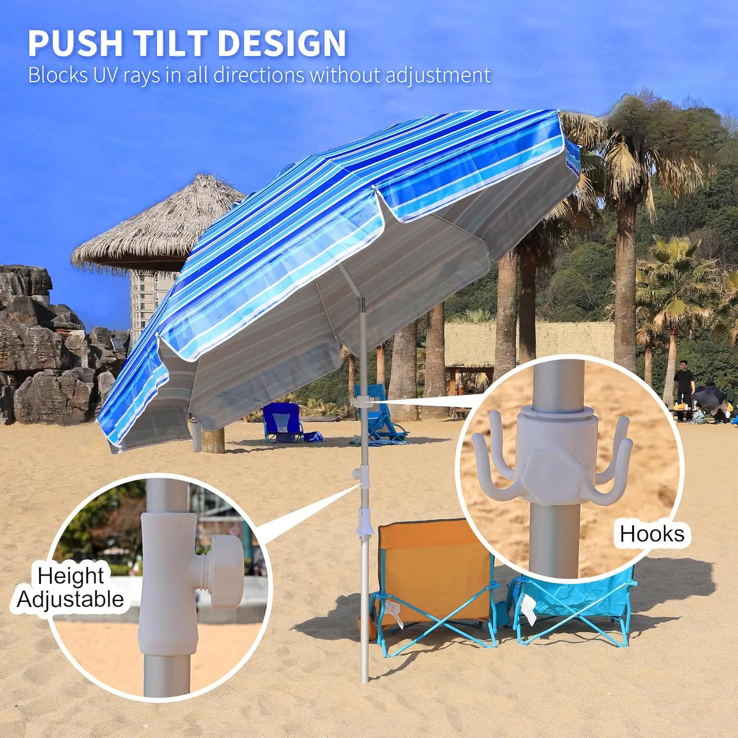 8ft Large Beach Umbrella,Heavy Duty Wind Resistant Portable Sun Shade w/Tilt Pole&Sand Anchor,Shoulder Carry Bag,Removable Hook,UV 50  Protection,Air Vents Design for Patio Garden Pool