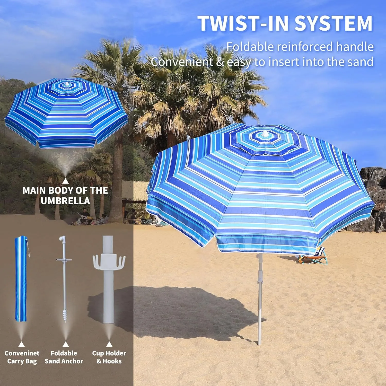 8ft Large Beach Umbrella,Heavy Duty Wind Resistant Portable Sun Shade w/Tilt Pole&Sand Anchor,Shoulder Carry Bag,Removable Hook,UV 50  Protection,Air Vents Design for Patio Garden Pool
