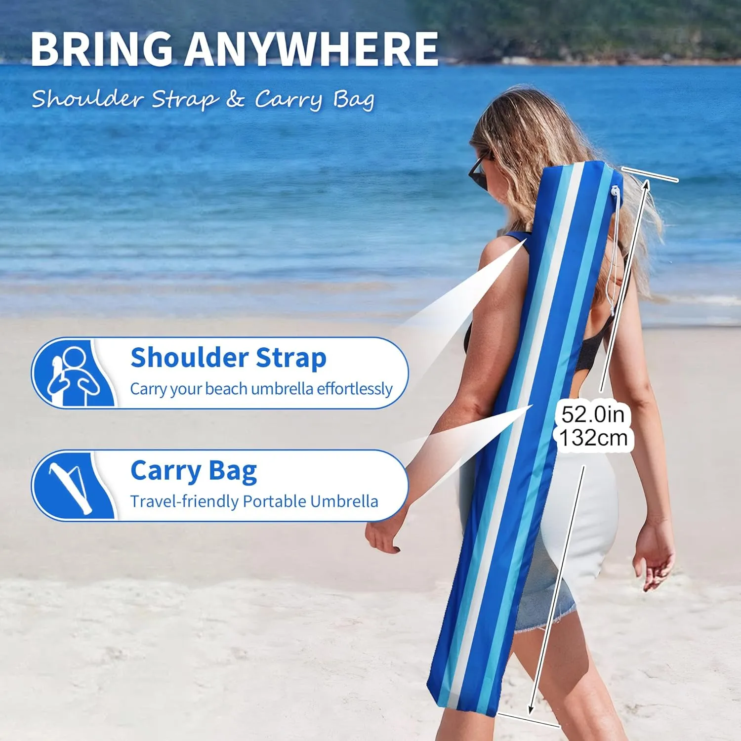 8ft Large Beach Umbrella,Heavy Duty Wind Resistant Portable Sun Shade w/Tilt Pole&Sand Anchor,Shoulder Carry Bag,Removable Hook,UV 50  Protection,Air Vents Design for Patio Garden Pool