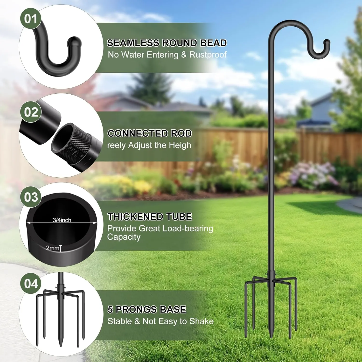 92 Inch Shepherds Hooks for Outdoor, Heavy Duty Bird Feeder Pole for Outdoor Wind Chime Stand Garden Hook, Bird Feeder Stand Weddings Garden Decor(2 Pack)