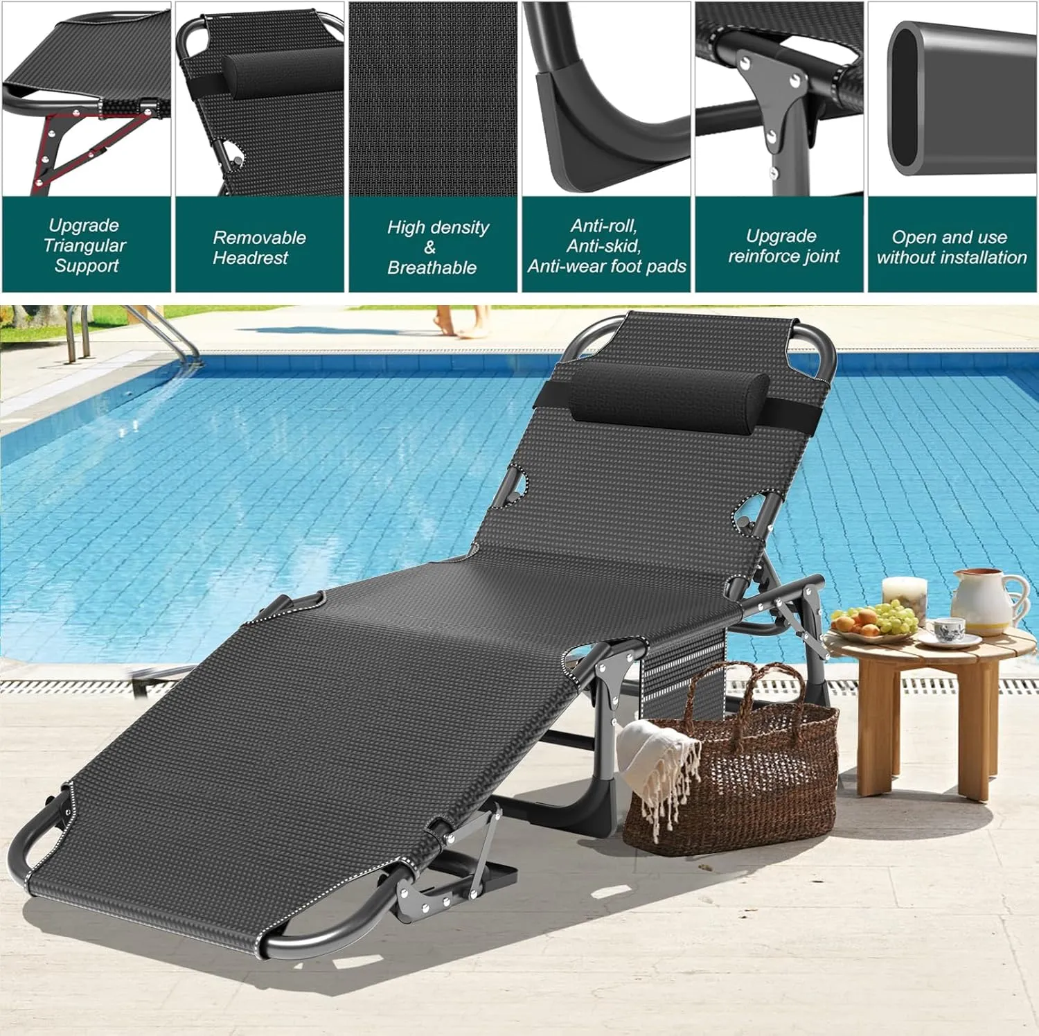 ABORON 3-in-1 Patio Lounge Chair, Folding Heavy Duty Chaise with 500LB Load Capacity, Adjustable Portable Chair for Home, Garden, Beach, Office, Camping & Relaxation