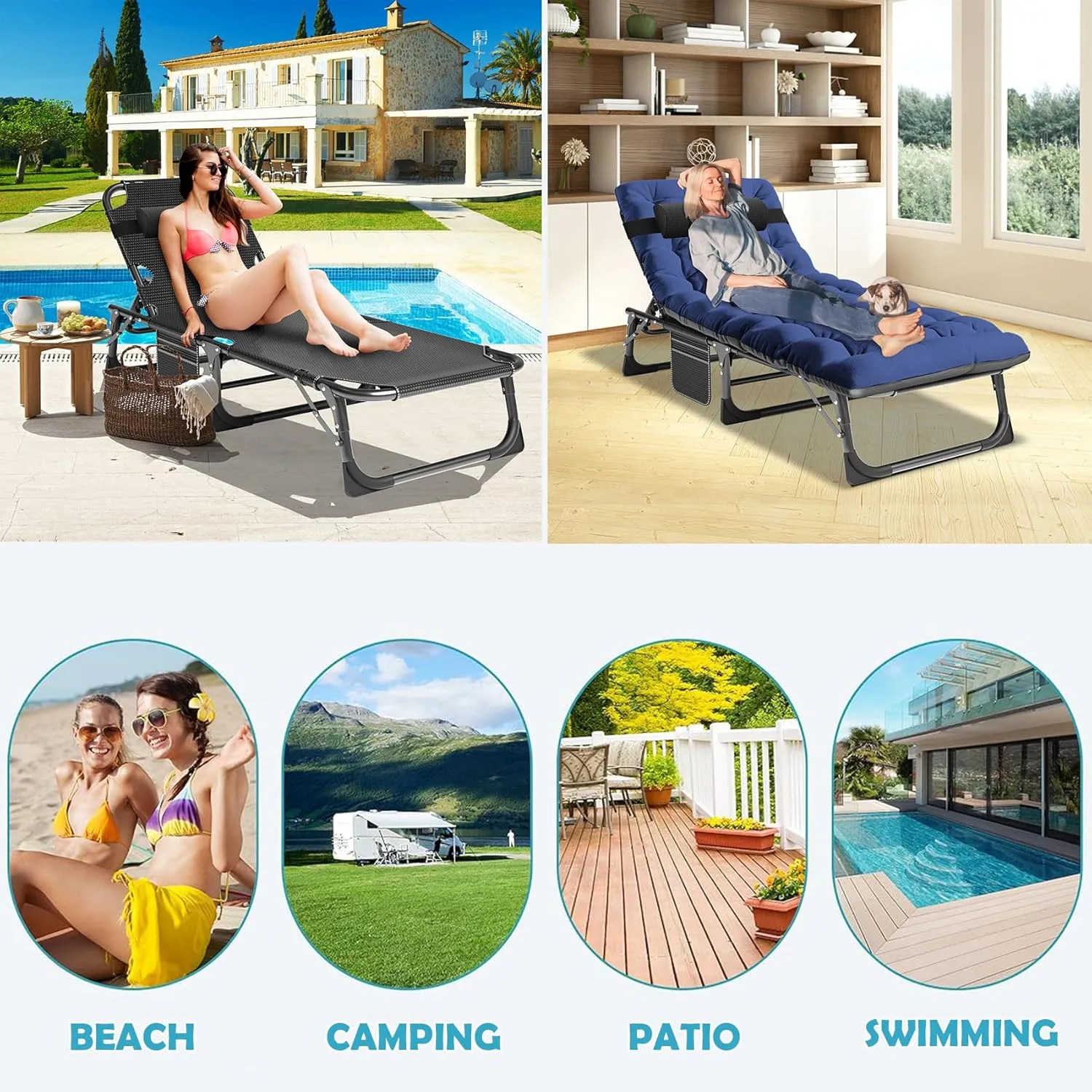 ABORON 3-in-1 Patio Lounge Chair, Folding Heavy Duty Chaise with 500LB Load Capacity, Adjustable Portable Chair for Home, Garden, Beach, Office, Camping & Relaxation