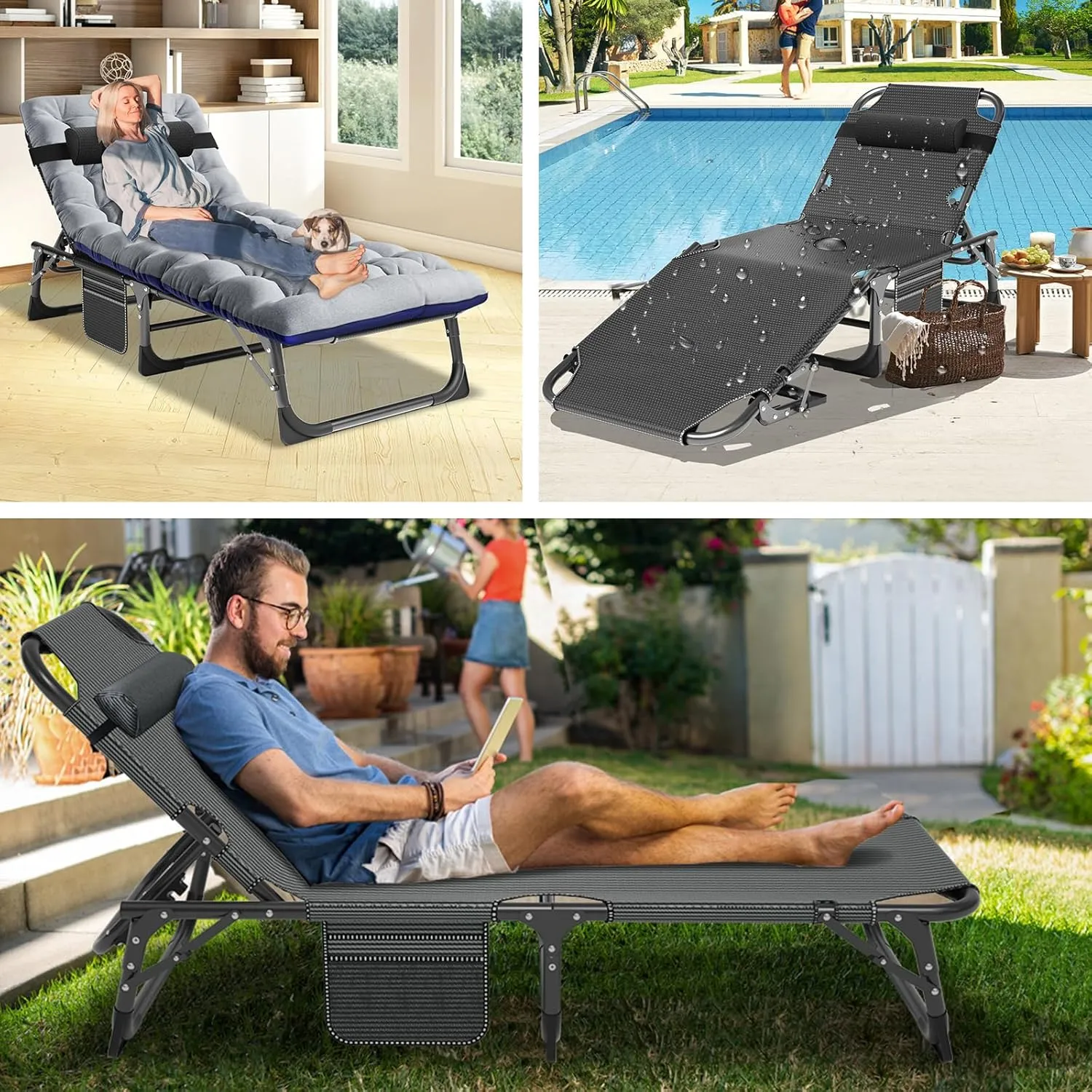 ABORON 3-in-1 Patio Lounge Chair, Folding Heavy Duty Chaise with 500LB Load Capacity, Adjustable Portable Chair for Home, Garden, Beach, Office, Camping & Relaxation