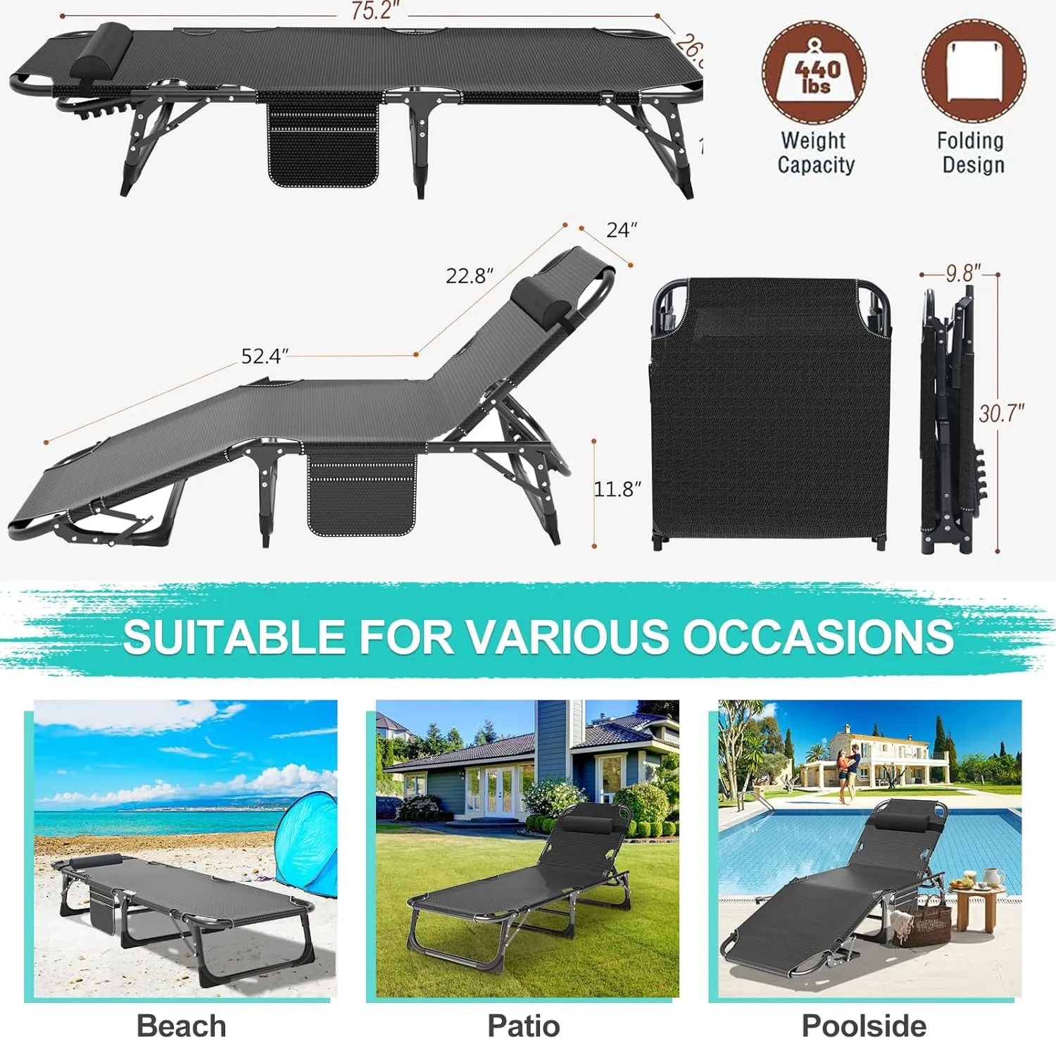 ABORON 3-in-1 Patio Lounge Chair, Folding Heavy Duty Chaise with 500LB Load Capacity, Adjustable Portable Chair for Home, Garden, Beach, Office, Camping & Relaxation