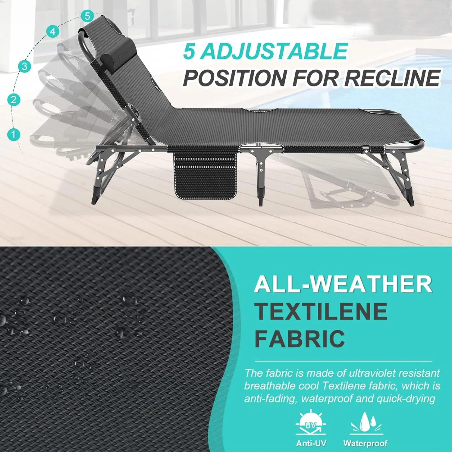 ABORON 3-in-1 Patio Lounge Chair, Folding Heavy Duty Chaise with 500LB Load Capacity, Adjustable Portable Chair for Home, Garden, Beach, Office, Camping & Relaxation