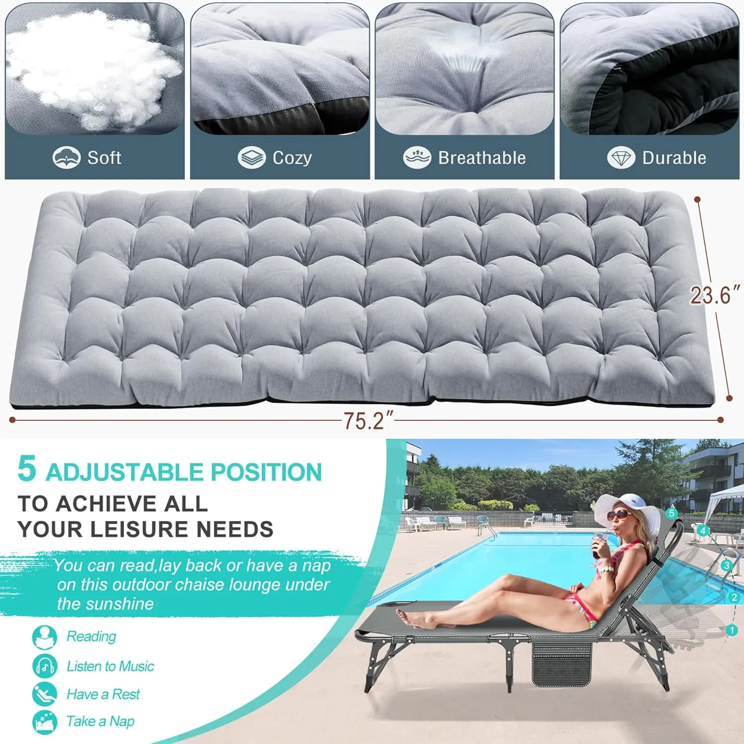 ABORON 3-in-1 Patio Lounge Chair, Folding Heavy Duty Chaise with 500LB Load Capacity, Adjustable Portable Chair for Home, Garden, Beach, Office, Camping & Relaxation