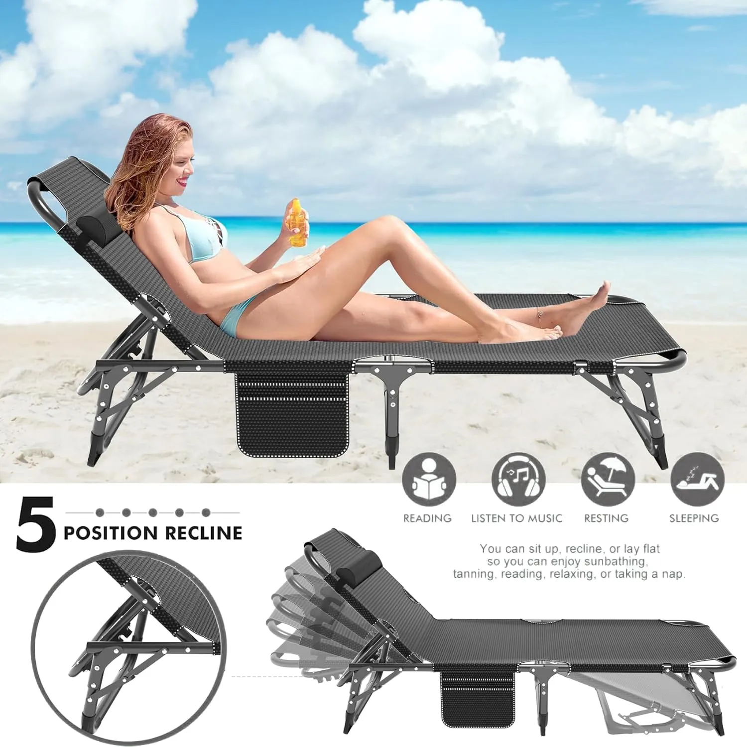 ABORON 3-in-1 Patio Lounge Chair, Folding Heavy Duty Chaise with 500LB Load Capacity, Adjustable Portable Chair for Home, Garden, Beach, Office, Camping & Relaxation