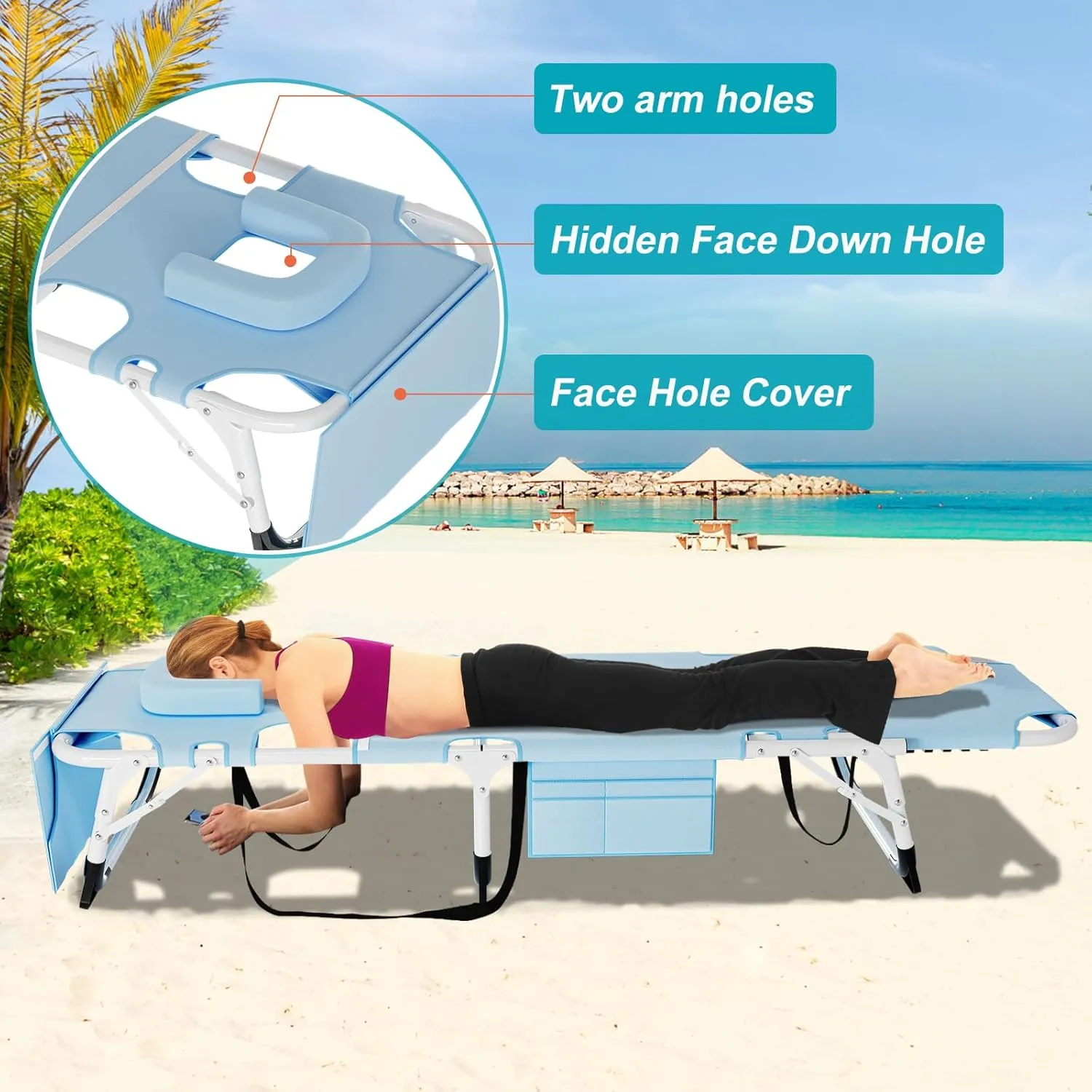 ABORON 3 in 1 Sun Tanning Chair Oversized with Mat&Face Arm Hole, Heavy Duty Folding Chaise Lounge Chairs, 5-Position Outdoor Lounge Chair/Pillow, for Beach, Pool, Lawn, Yard, Patio