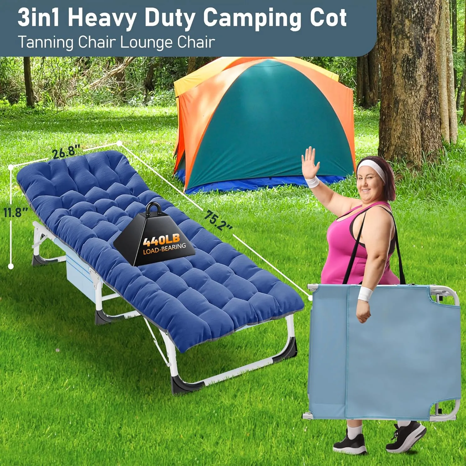 ABORON Foldable Camping Cots for Adults, Double Layer 1200D 500lb Loading Cot for Sleeping, Heavy Duty Guest Bed with Mattress Carrying Bag (1, Cloud Gray pad & Lounger -Azul Blue)