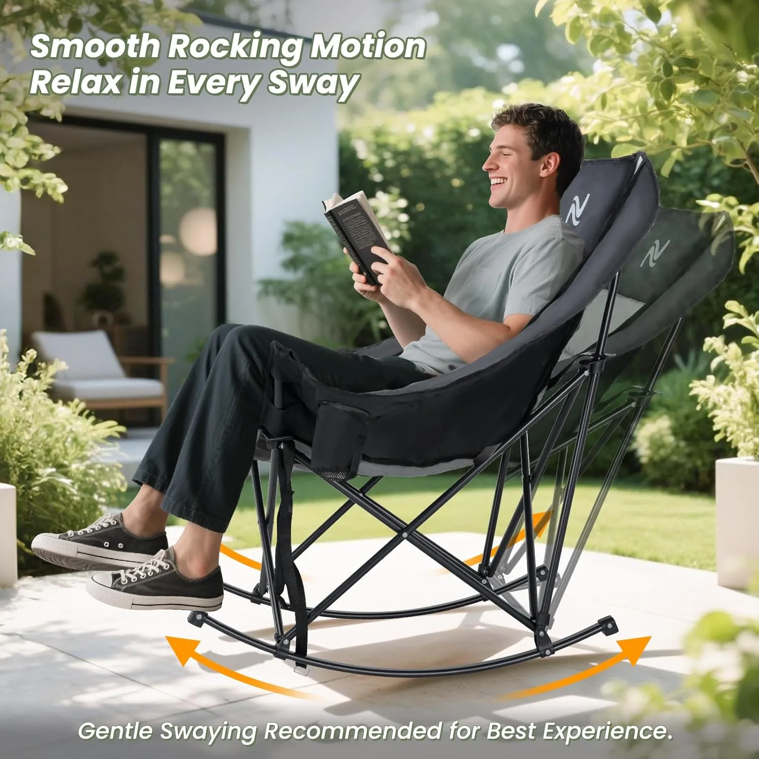 ABORON Oversized Rocking Camping Chair for Adults, Fully Padded Folding Outdoor Lawn Chair with Cooler Bag & Side Pocket, Portable Recliner Chair for Camp, Patio, Backyard, Supports 400 lbs