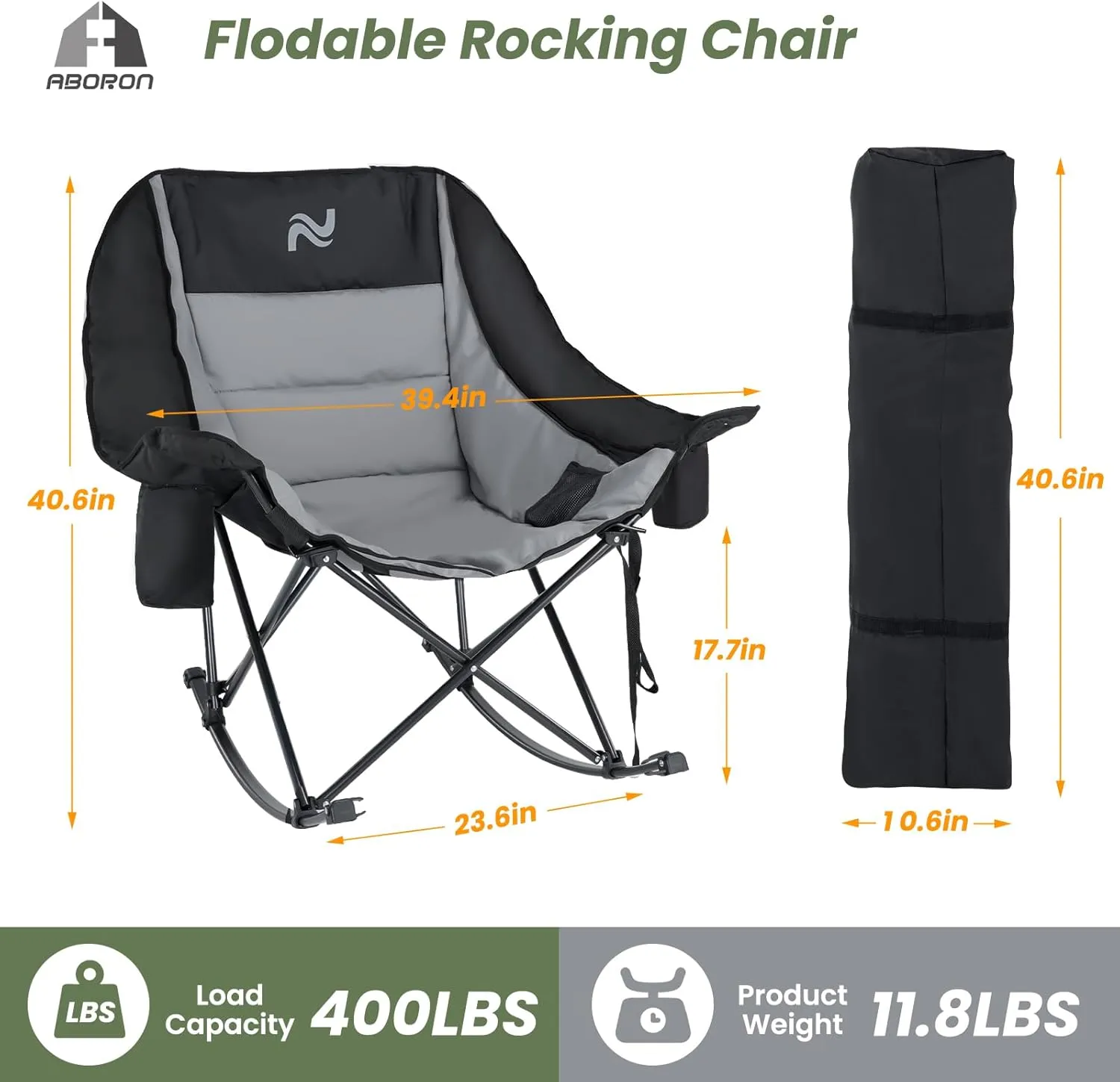 ABORON Oversized Rocking Camping Chair for Adults, Fully Padded Folding Outdoor Lawn Chair with Cooler Bag & Side Pocket, Portable Recliner Chair for Camp, Patio, Backyard, Supports 400 lbs