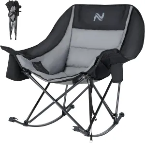 ABORON Oversized Rocking Camping Chair for Adults, Fully Padded Folding Outdoor Lawn Chair with Cooler Bag & Side Pocket, Portable Recliner Chair for Camp, Patio, Backyard, Supports 400 lbs