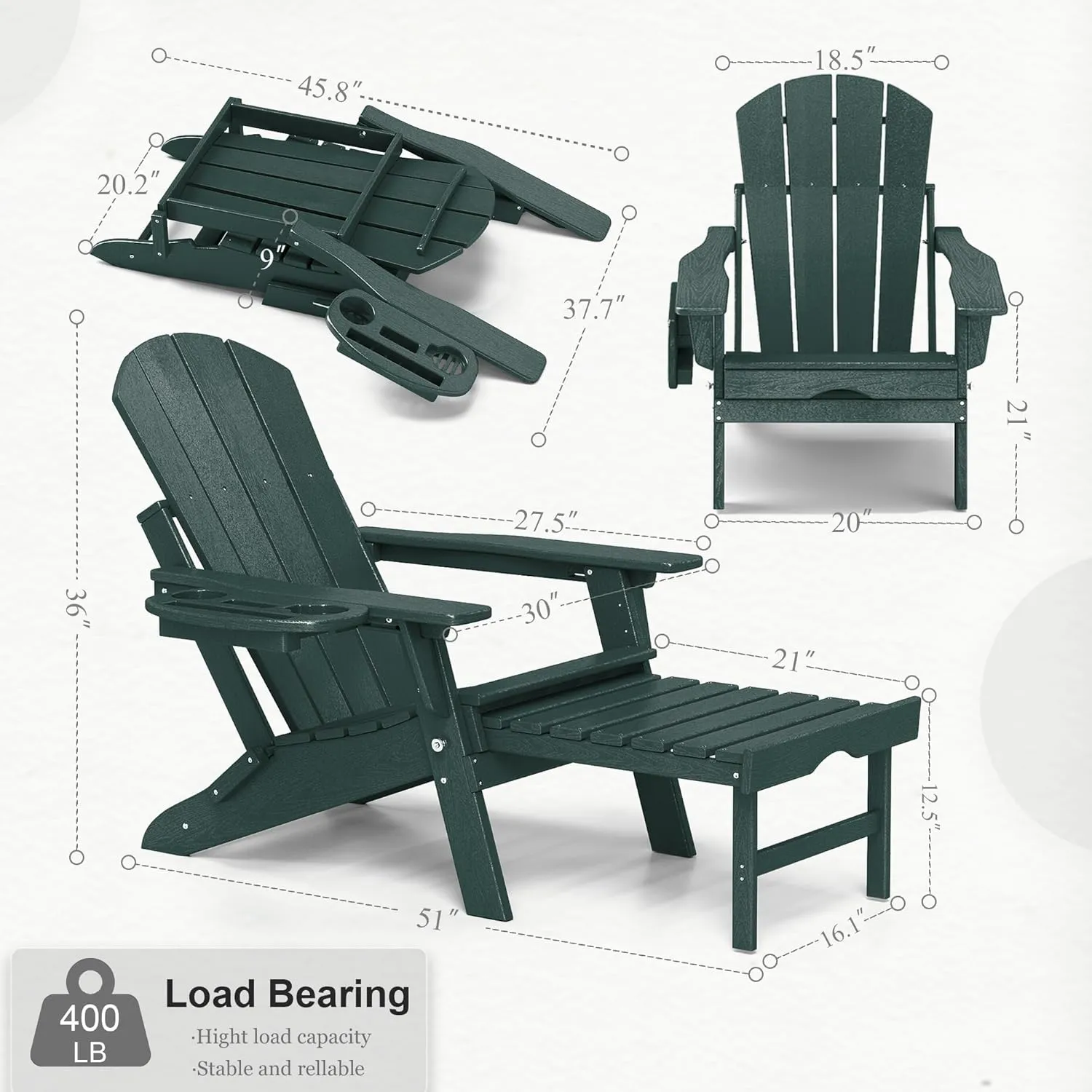 Adjustable Adirondack Chair with Retractable Ottoman Set of 2, HDPE Folding Adirondack Chair with Cup Holder, All Weather Fire Pit Chair for Outdoor.