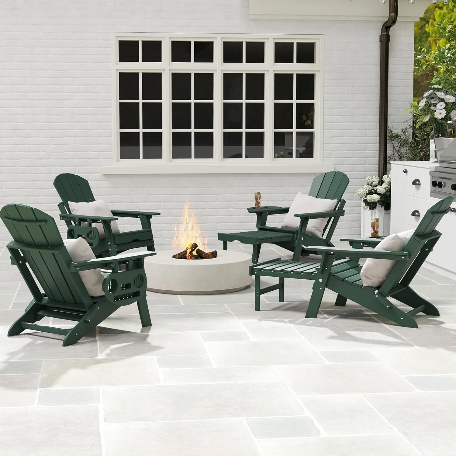 Adjustable Adirondack Chair with Retractable Ottoman Set of 2, HDPE Folding Adirondack Chair with Cup Holder, All Weather Fire Pit Chair for Outdoor.