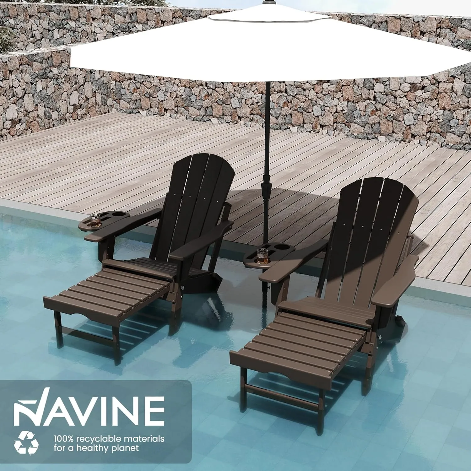 Adjustable Adirondack Chair with Retractable Ottoman Set of 2, HDPE Folding Adirondack Chair with Cup Holder, All Weather Fire Pit Chair for Outdoor.
