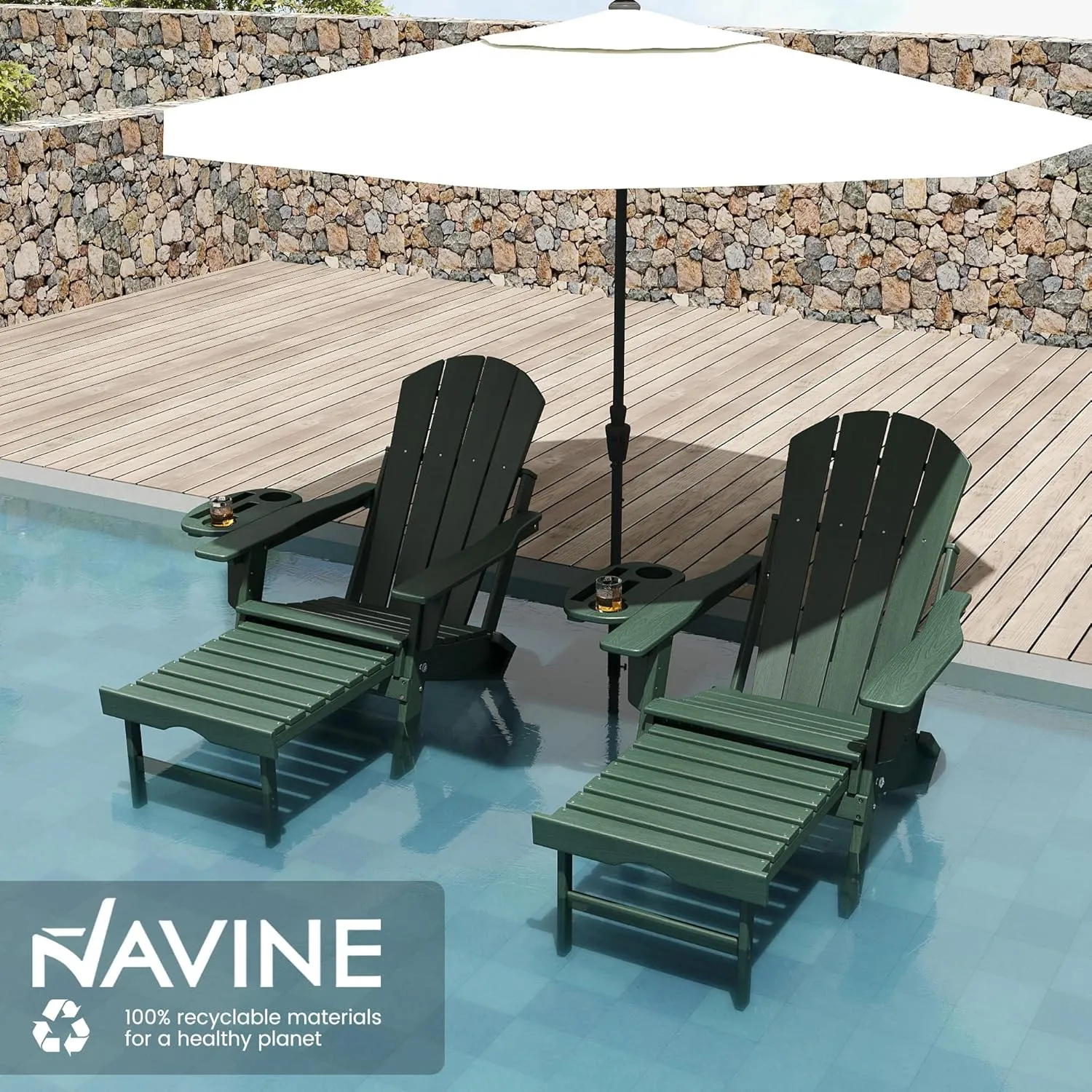 Adjustable Adirondack Chair with Retractable Ottoman Set of 2, HDPE Folding Adirondack Chair with Cup Holder, All Weather Fire Pit Chair for Outdoor.