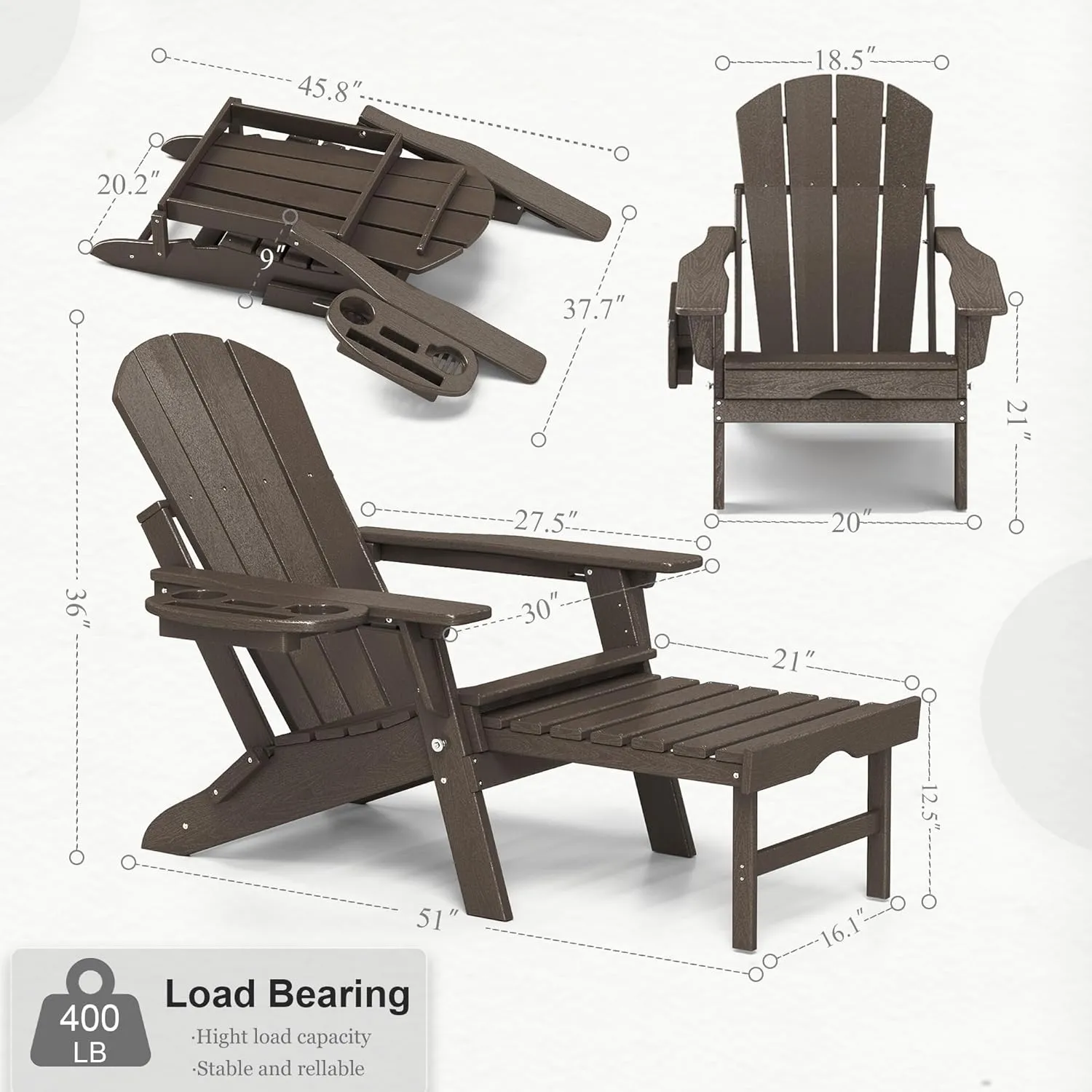 Adjustable Adirondack Chair with Retractable Ottoman Set of 2, HDPE Folding Adirondack Chair with Cup Holder, All Weather Fire Pit Chair for Outdoor.