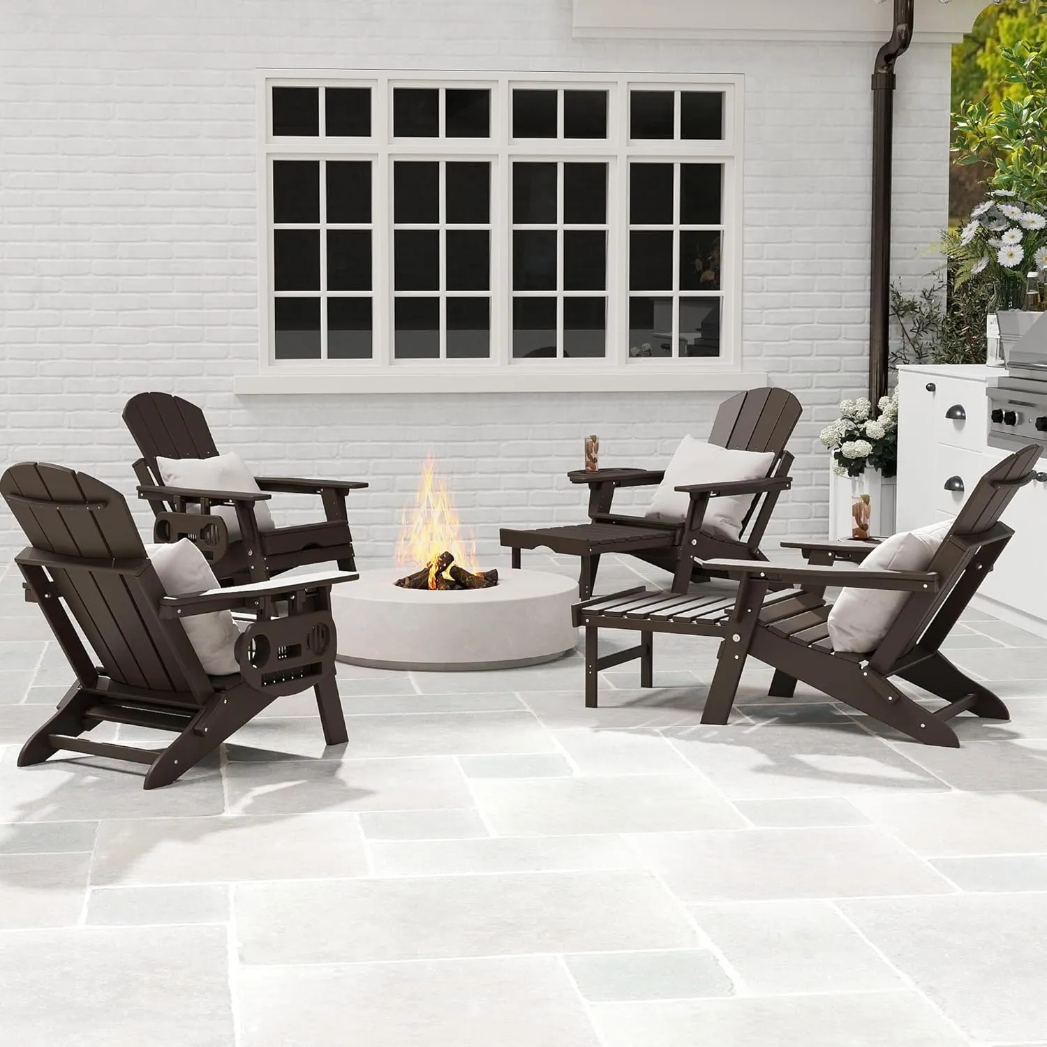 Adjustable Adirondack Chair with Retractable Ottoman Set of 2, HDPE Folding Adirondack Chair with Cup Holder, All Weather Fire Pit Chair for Outdoor.