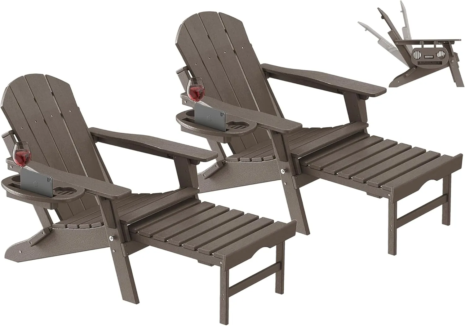 Adjustable Adirondack Chair with Retractable Ottoman Set of 2, HDPE Folding Adirondack Chair with Cup Holder, All Weather Fire Pit Chair for Outdoor.