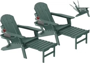 Adjustable Adirondack Chair with Retractable Ottoman Set of 2, HDPE Folding Adirondack Chair with Cup Holder, All Weather Fire Pit Chair for Outdoor.