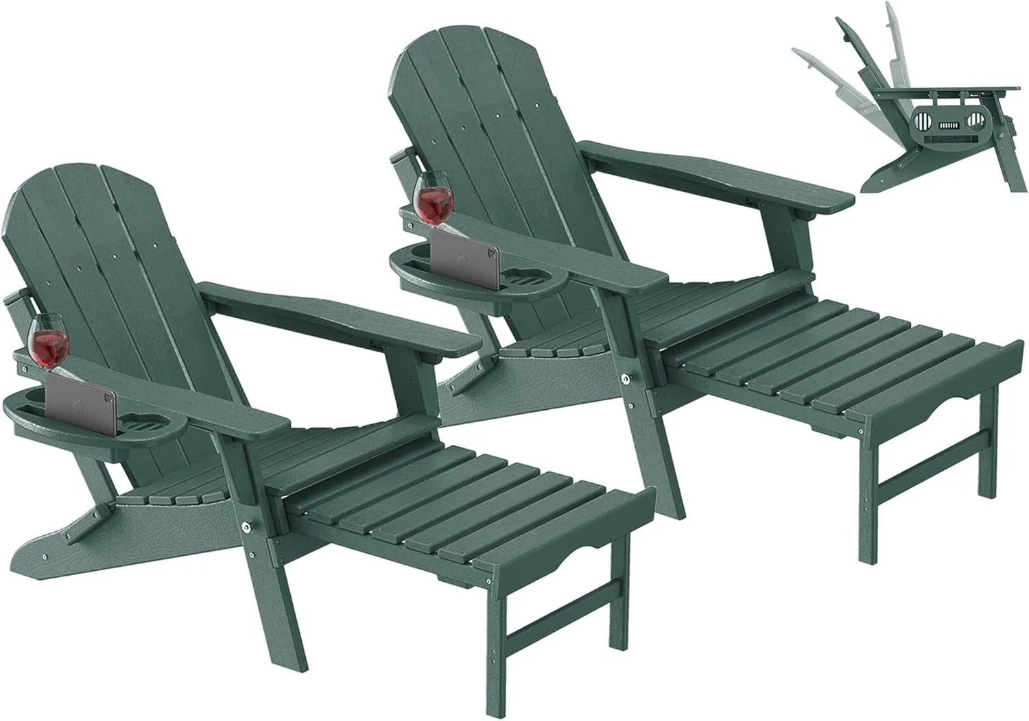 Adjustable Adirondack Chair with Retractable Ottoman Set of 2, HDPE Folding Adirondack Chair with Cup Holder, All Weather Fire Pit Chair for Outdoor.