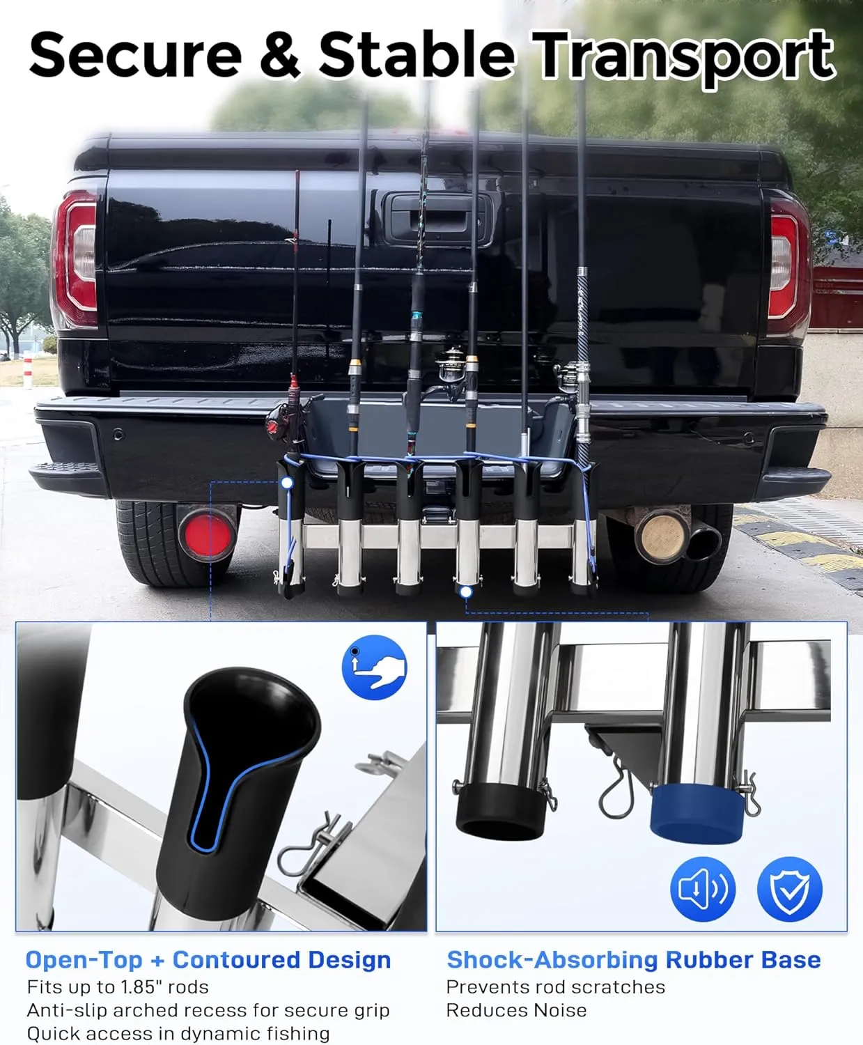 Adjustable Fishing Rod Holder for Truck 2" Hitch Receivers – Holds 6-10 Rods, 3 Angles, Quick Release, Anti-Shake Elastic Straps, Stainless Steel Fishing Pole Holder for Truck