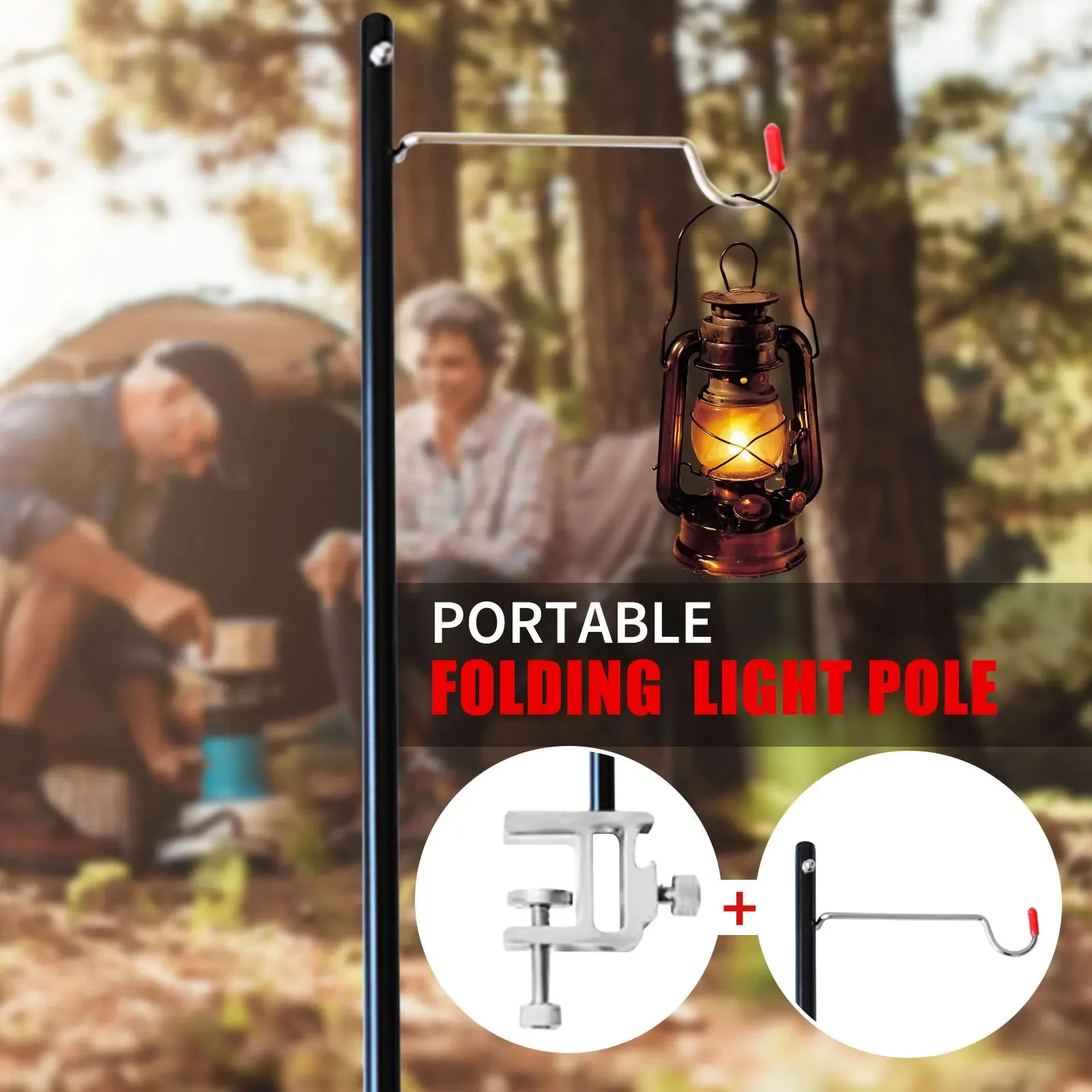 Adjustable Height Portable Camping Light Pole & Desk Clip