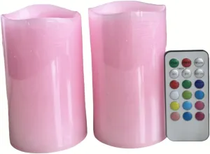 Adoria Pink Flameless Candles Set 2-Real Wax Pillar Candles Battery with Rose Scented, Dia3 XH5“-Multi Function Remote and Timer for Color Changing, Flickering, Home Decor.Camping,Party