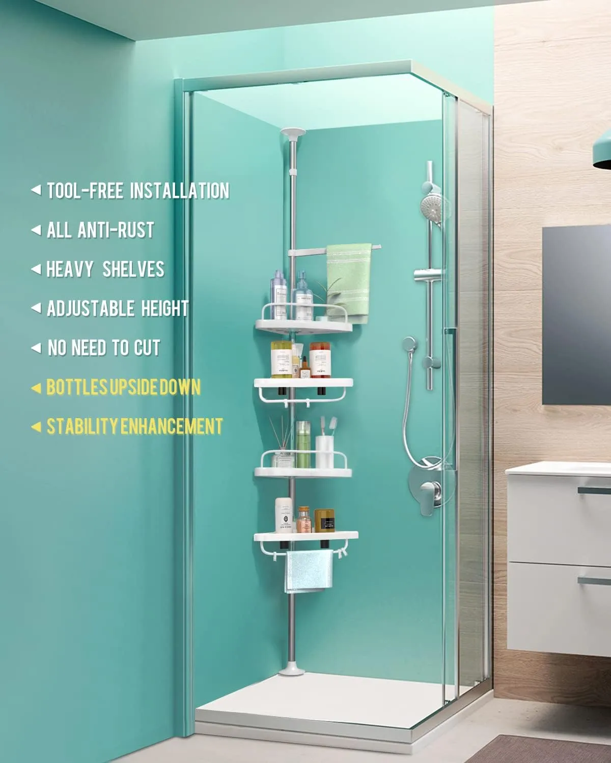 ADOVEL 4 Layer Corner Shower Caddy, Adjustable Shower Shelf, Constant Tension Stainless Steel Pole Organizer, Rustproof 3.3 to 9.8ft