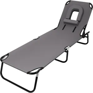 Adult Foldable Camping Cot with Reclining Folding Chaise Design, Heavy Duty Lounger Chair for Indoor Outdoor Use, Adjustable Height Bed with Face Hole & Detachable Pillow Grey