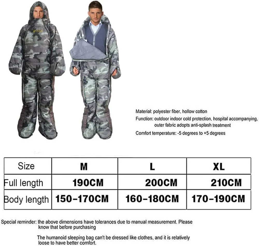 Adults Wearable Sleeping Bag 3 Season Camouflage Sleeping Bag Full Body Sleeping bag for Camping,Traveling, Hammocks, Hiking, Backpacking, Lounging
