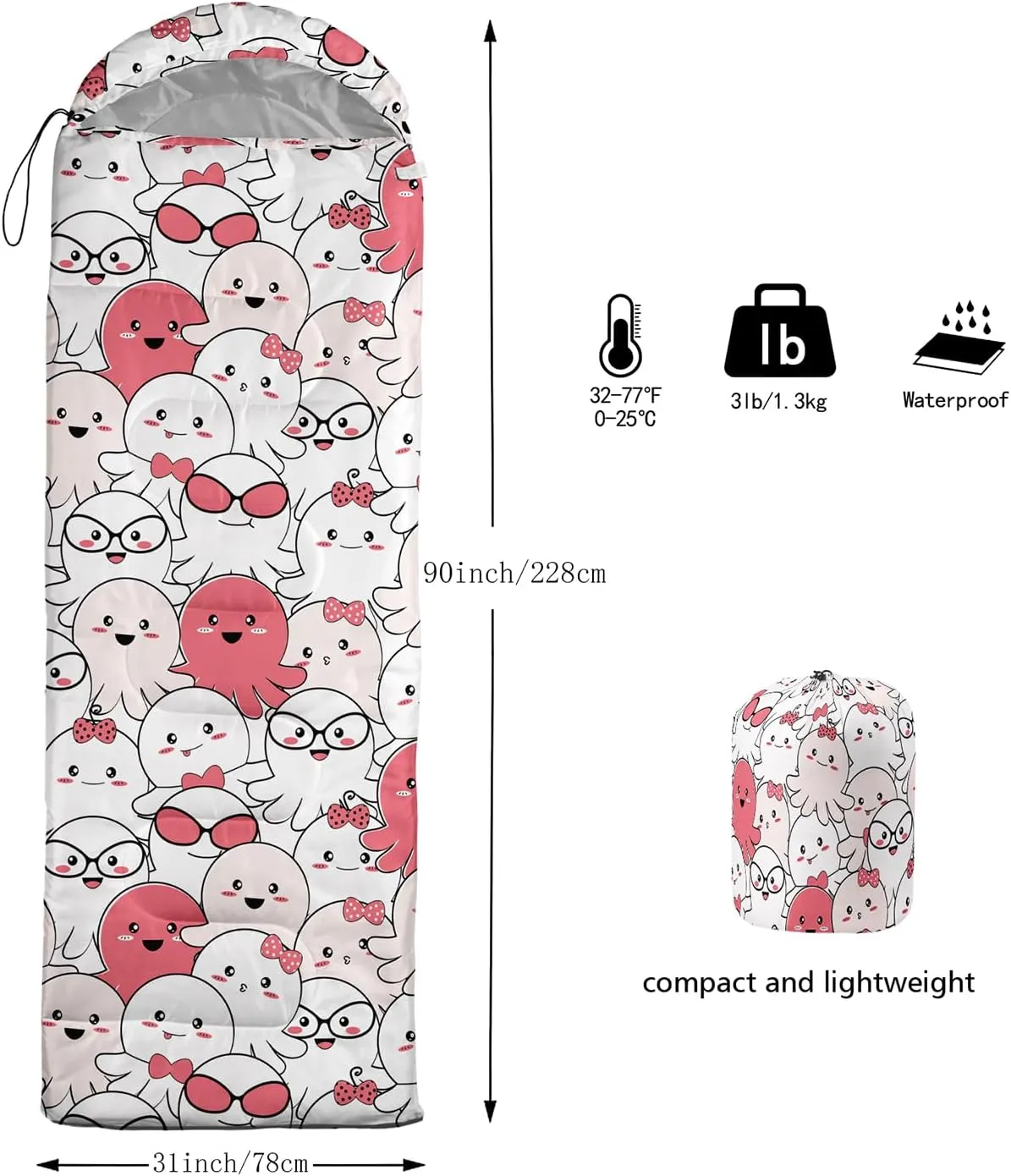 AILONEN Cartoon Camping Sleeping Bag for Boys Girls Adults,Lightweight & Waterproof,3 Season Warm & Cold Weather,Portable,Printed Sleeping Bag,Traveling,Camping,Hiking