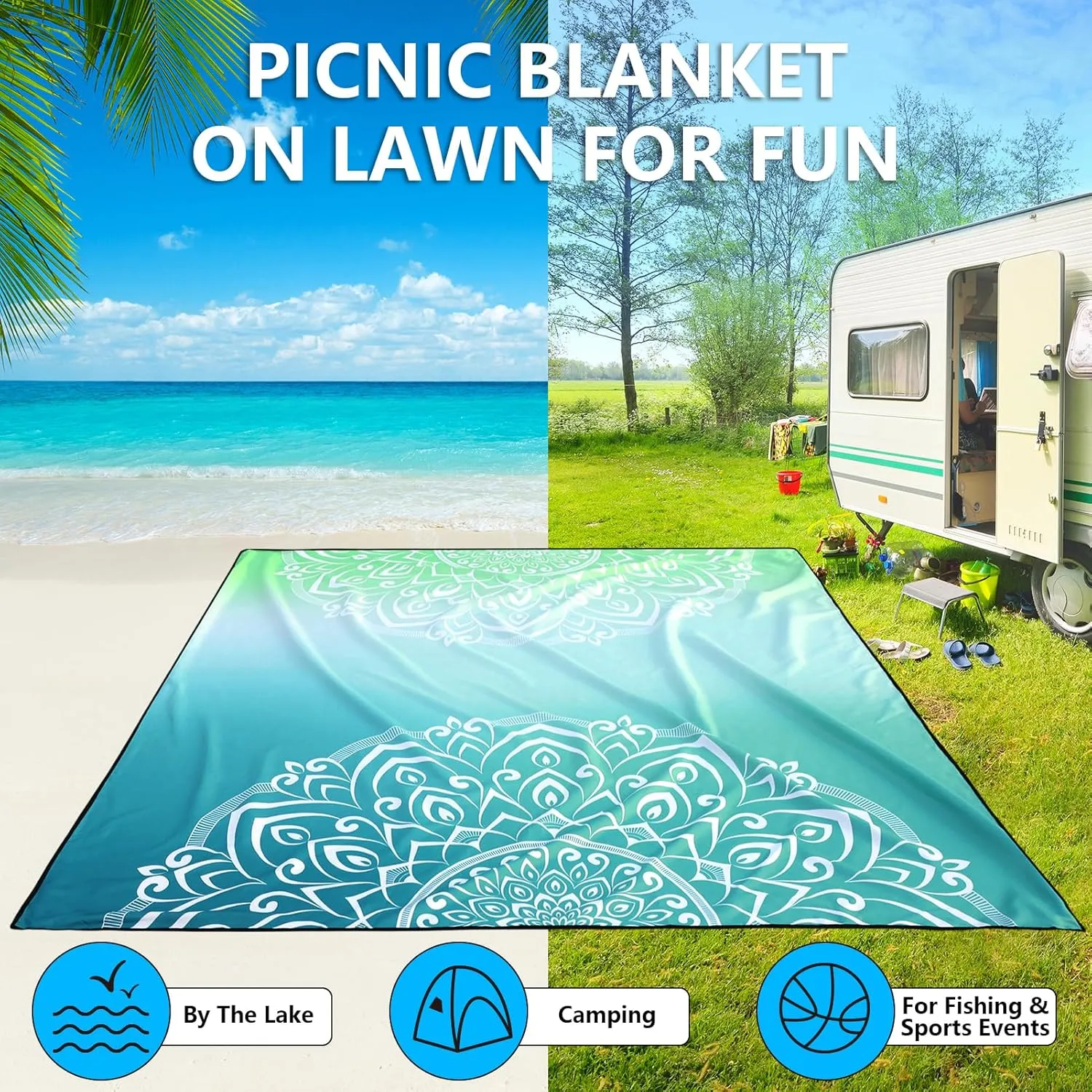AISPARKY Beach Blanket Waterproof Sandproof, Oversized Large Beach Mat 79" X 83"/120"x108" for 1-8 Adults, Quick Drying&Compact&Lightweight, Picnic Mat Vacation Essentials for Beach Camping Travel